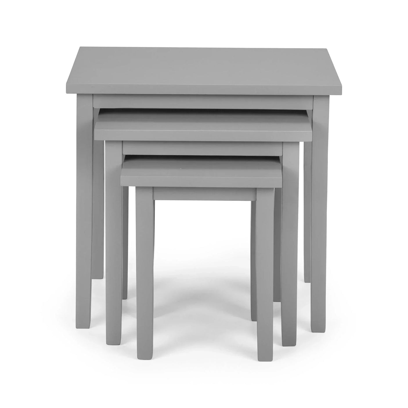 Grey nest of tables set with three stacking tables, simple design, photographed front view