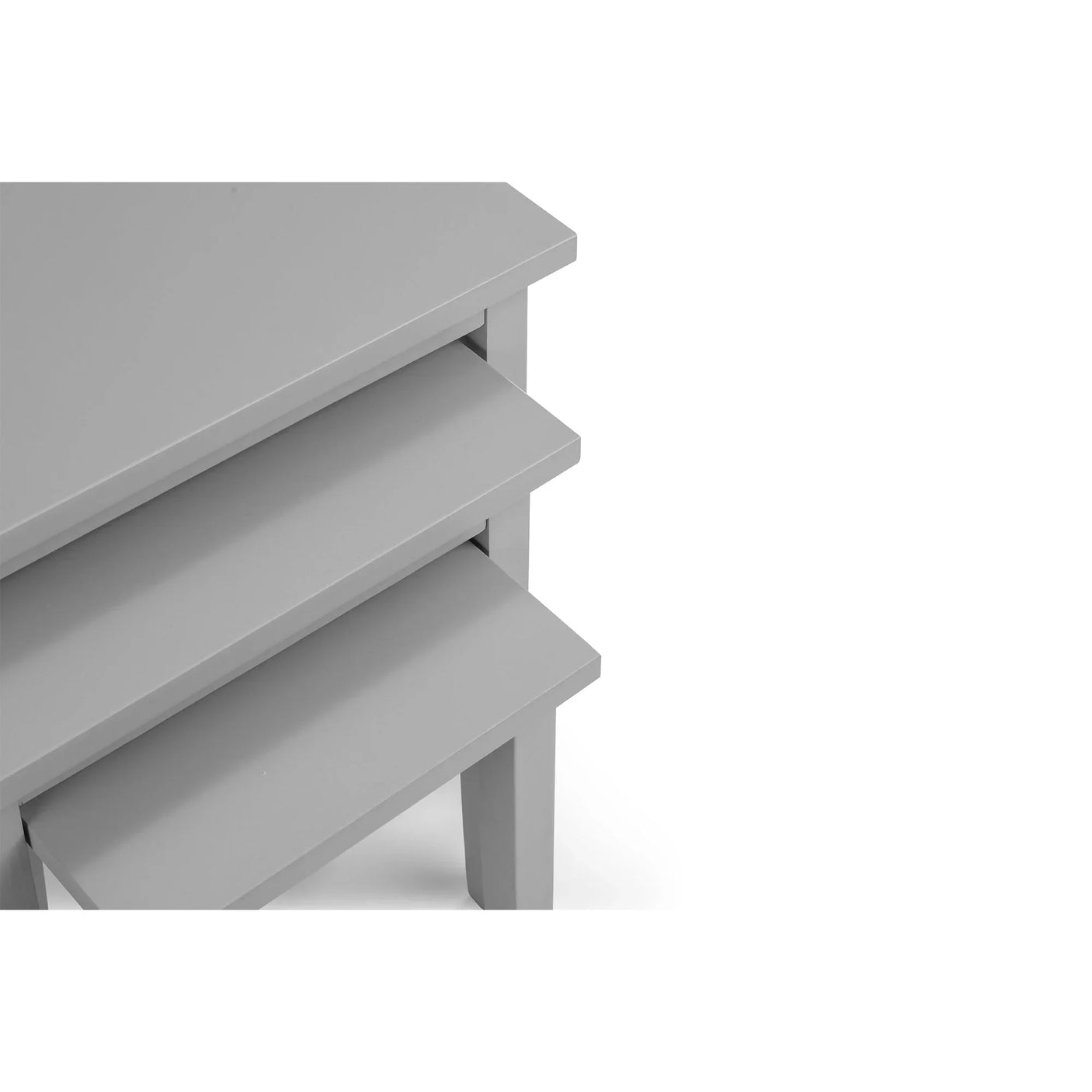 Close-up of grey nest of tables with stacked rectangular tabletops
