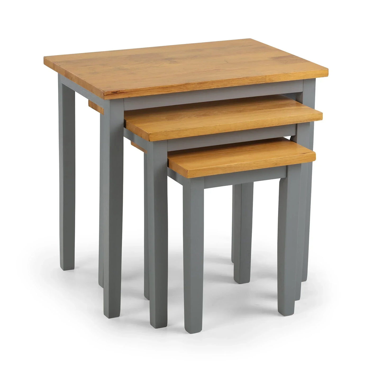 Grey oak nest of tables with three stacked tables and wooden tops