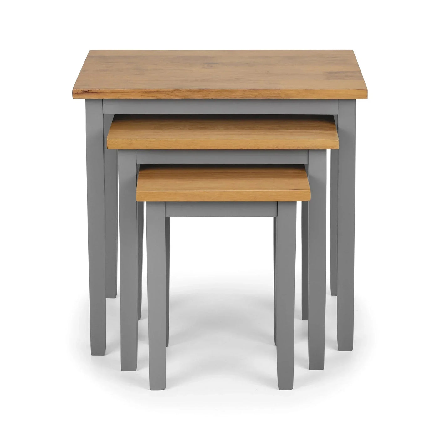 Cleo grey oak nest of tables with natural wood tops stacked front view