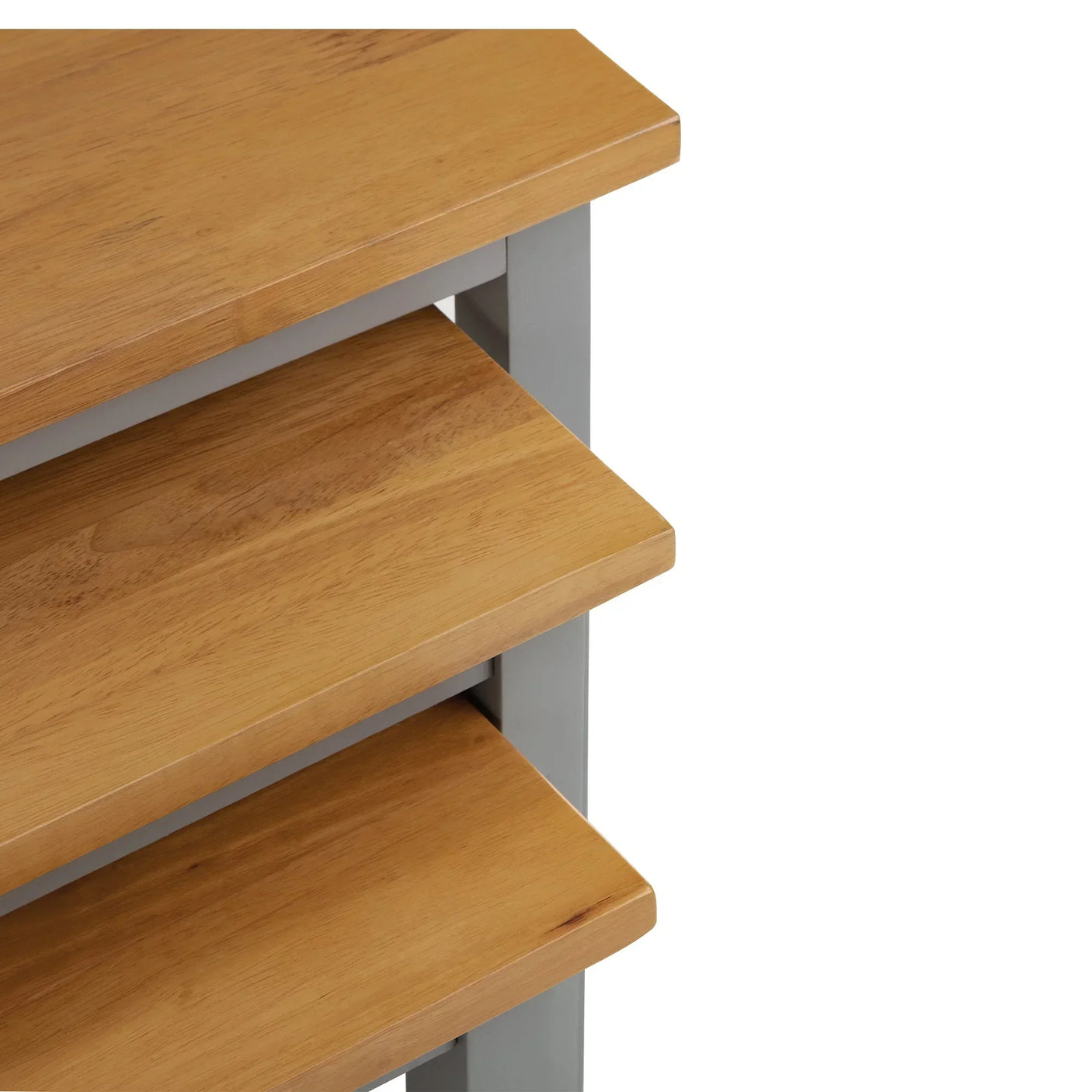 Grey oak nest of tables with light wood tops and grey frame, close-up detail view