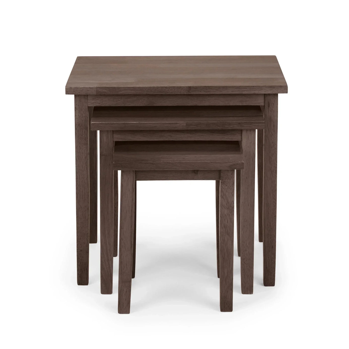 Set of three brown wood nesting tables with straight legs, stacked front view