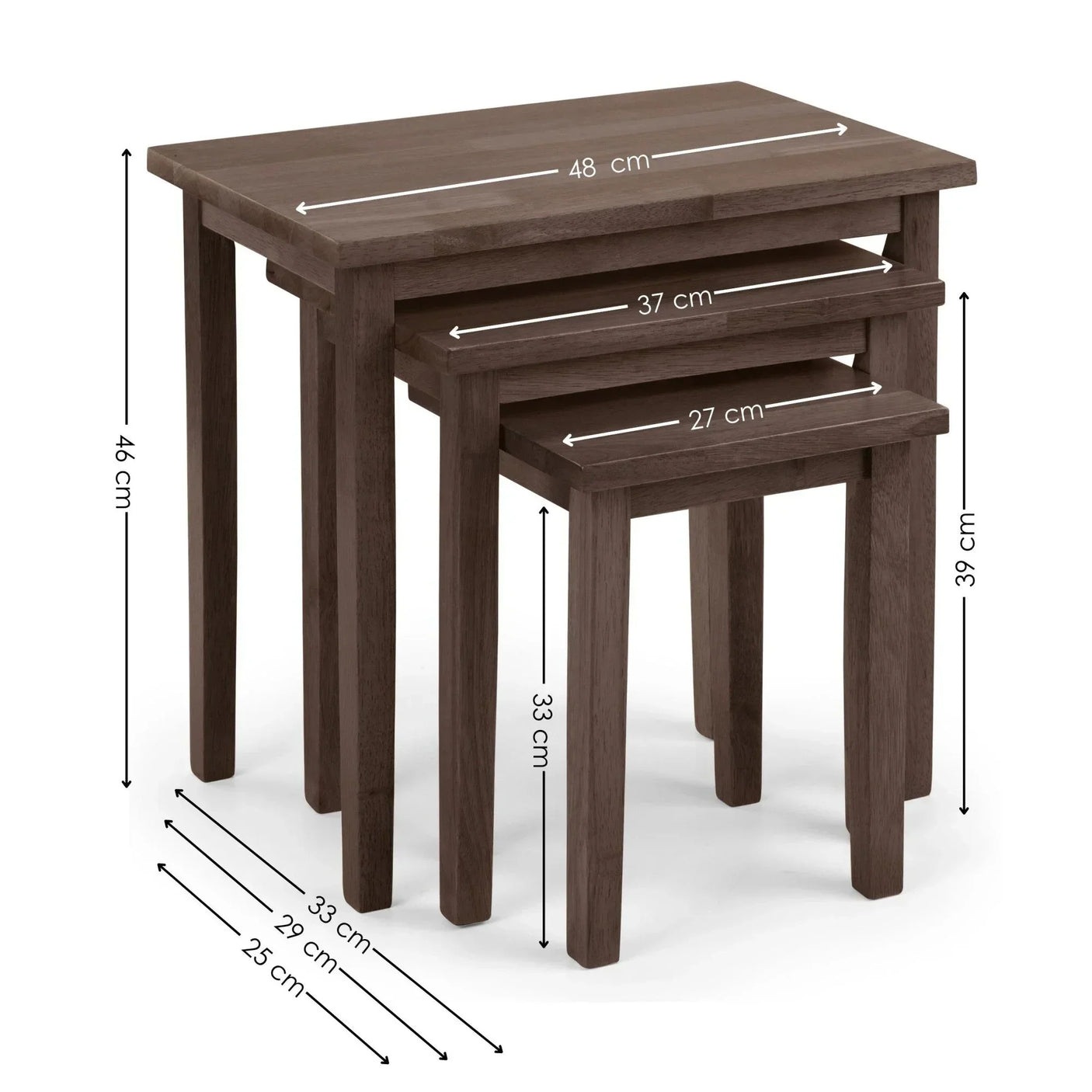 Dark wood nest of tables set with visible size measurements and stacked design