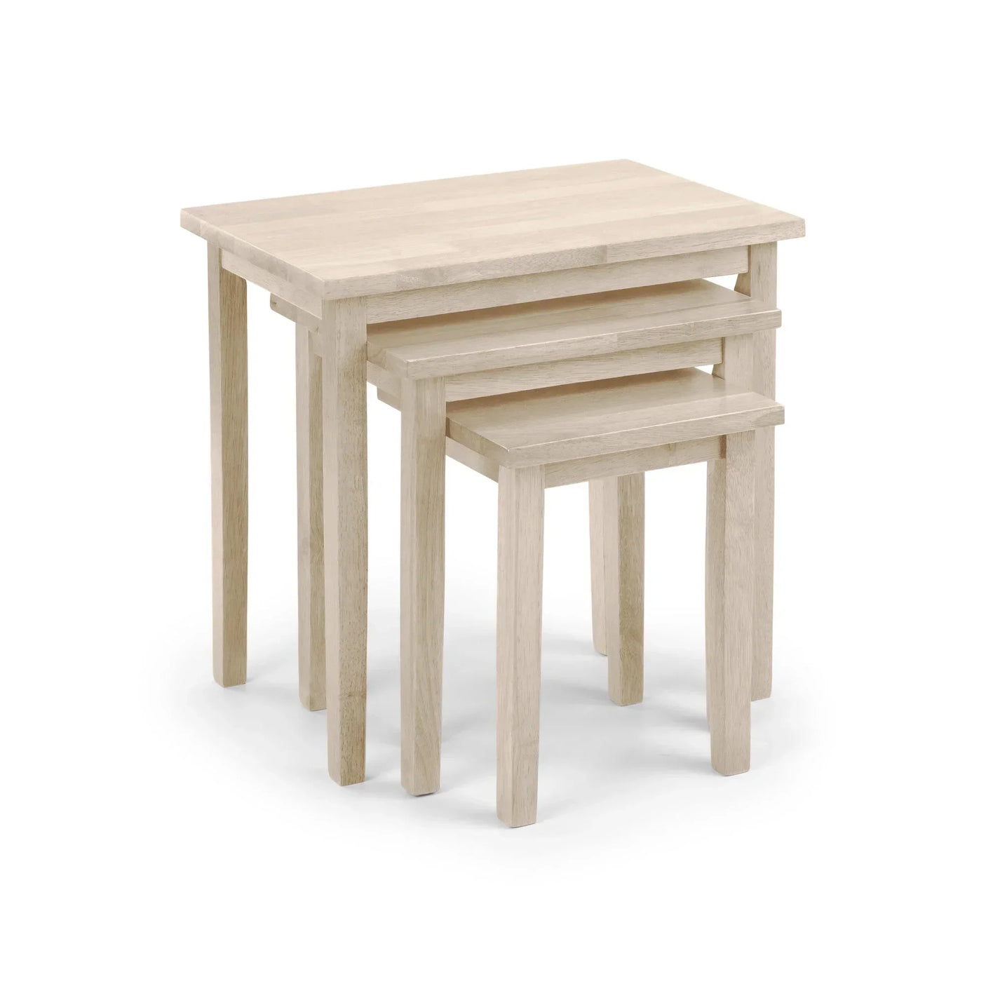 Set of three light wood nesting tables with rectangular tops and straight legs