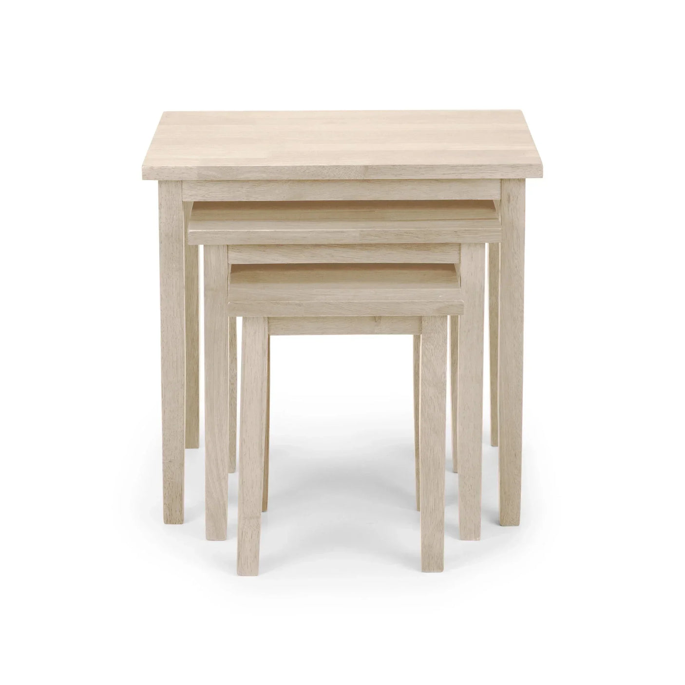 Set of three light wood nesting tables with rectangular tops, stacked front view
