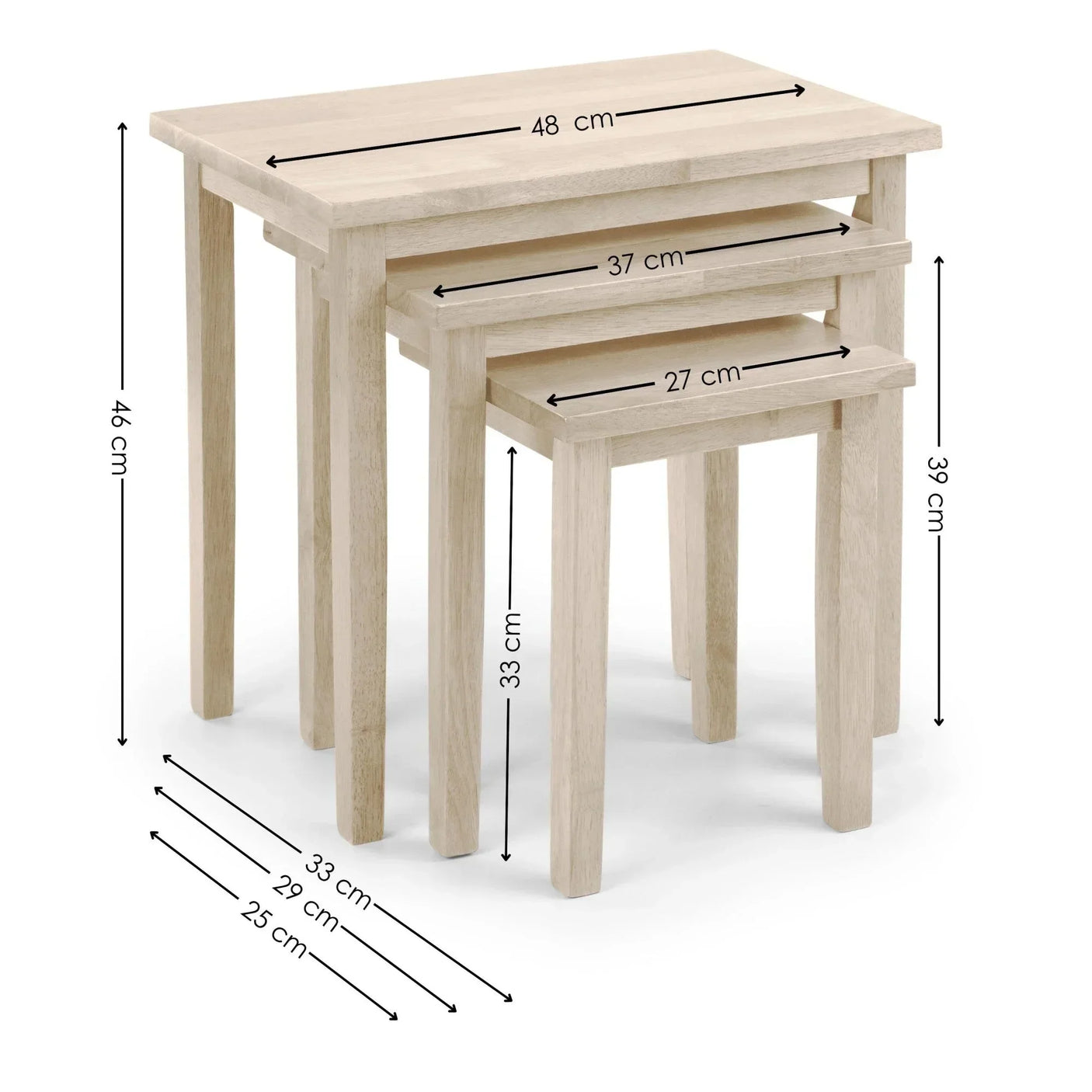 Light wood nest of tables set of three with visible measurements and dimensions