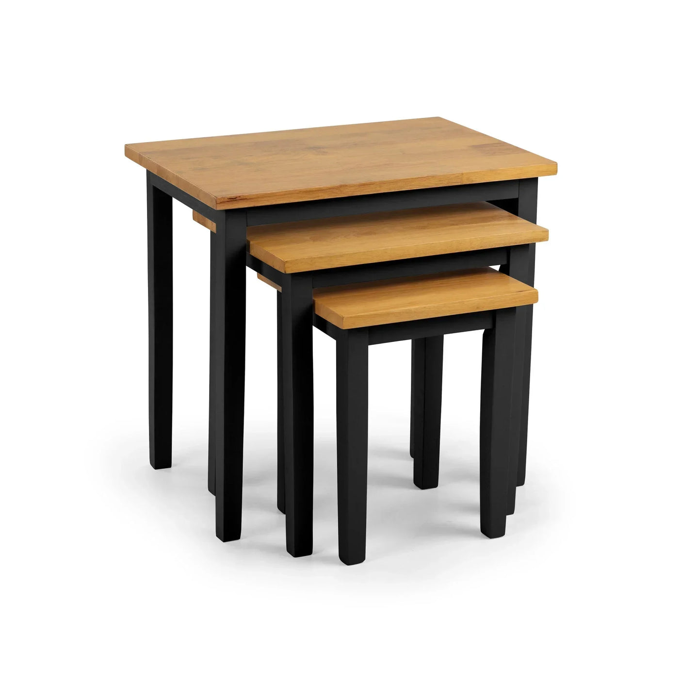 Set of three nesting tables with oak tops and black legs, stacked neatly together
