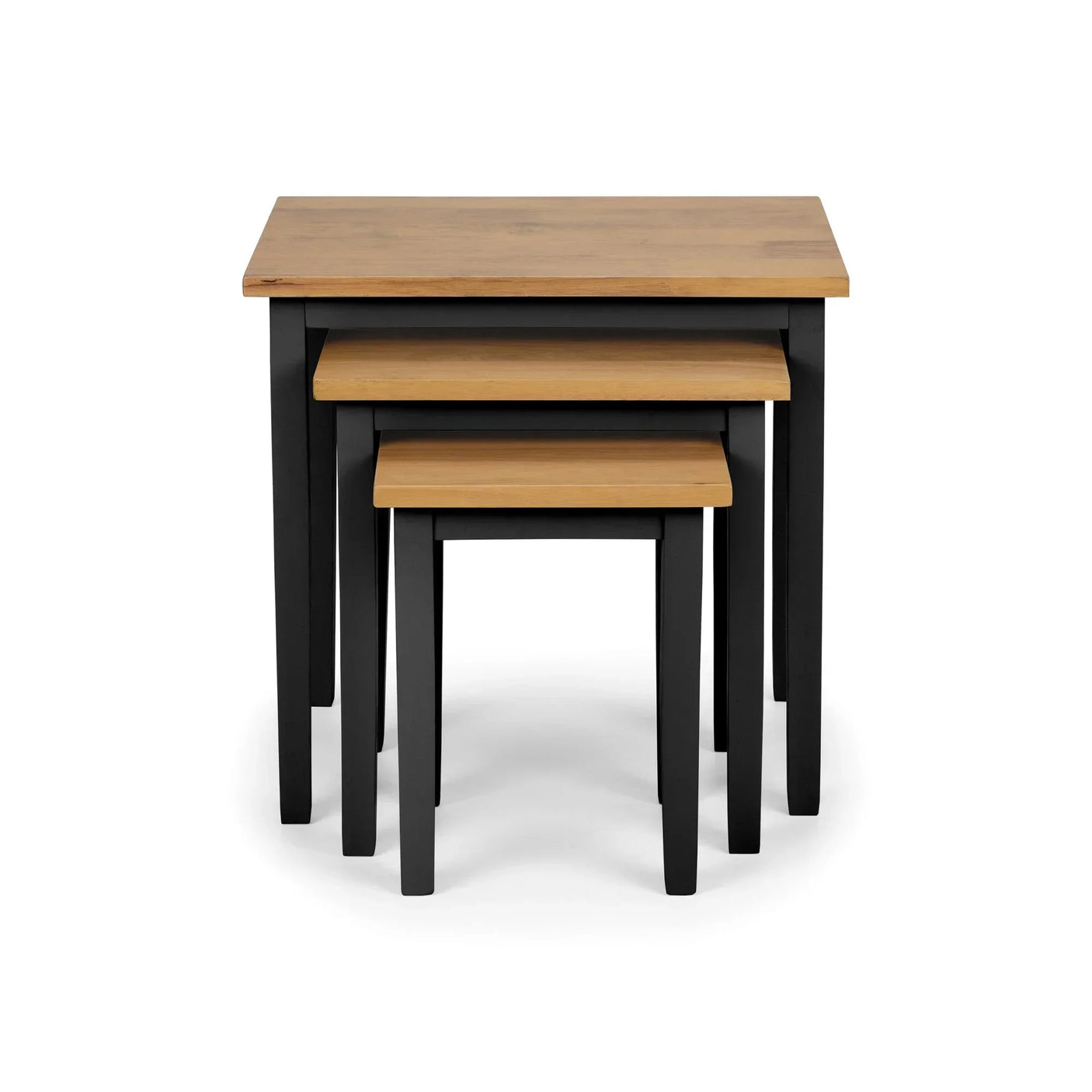 Set of three nesting tables with oak tops and black legs, stacked in size order