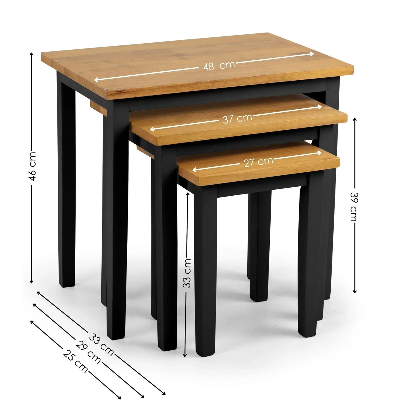 Set of three nesting tables with oak tops, black legs, and visible measurements in centimeters