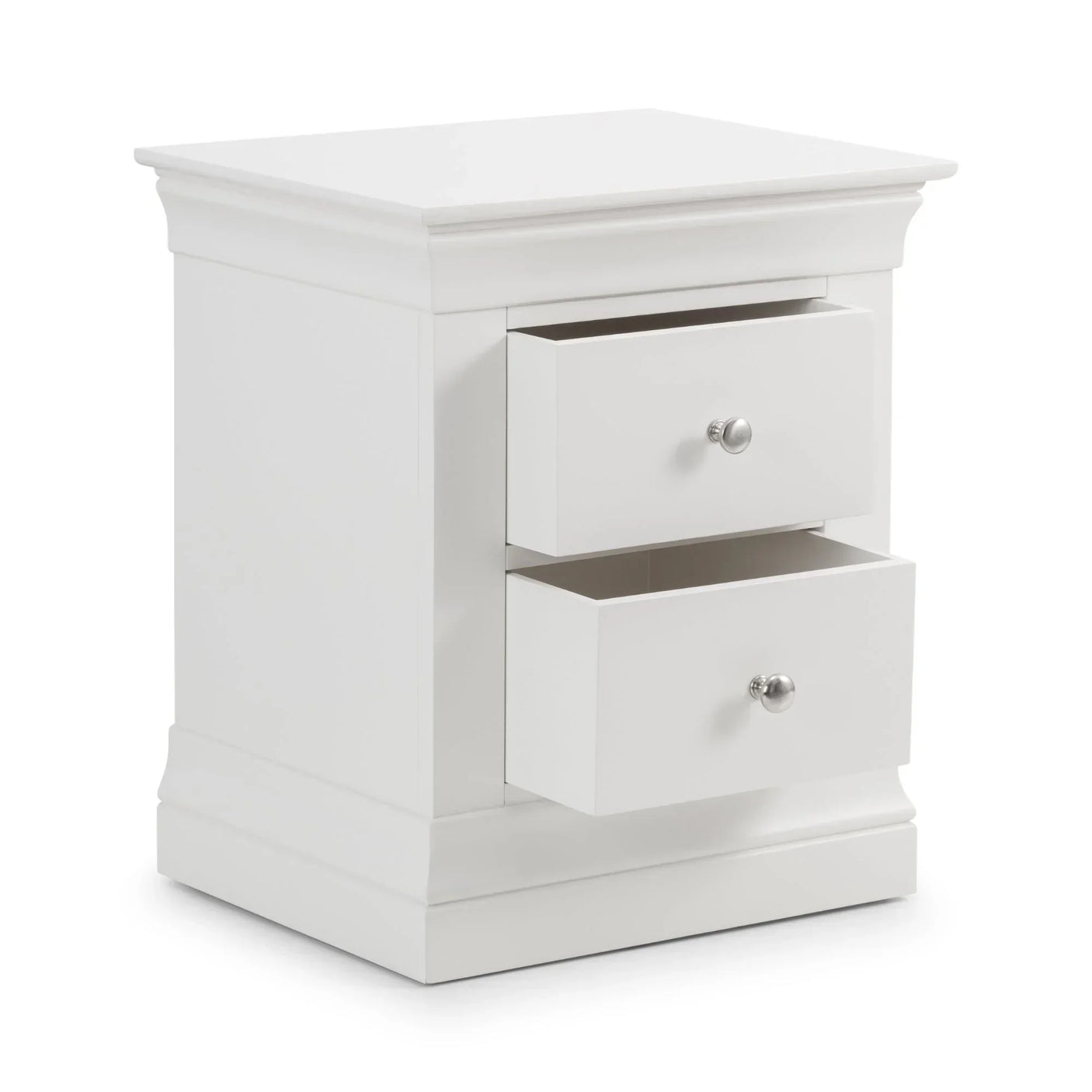 White two drawer bedside table with silver handles, both drawers open, angled view