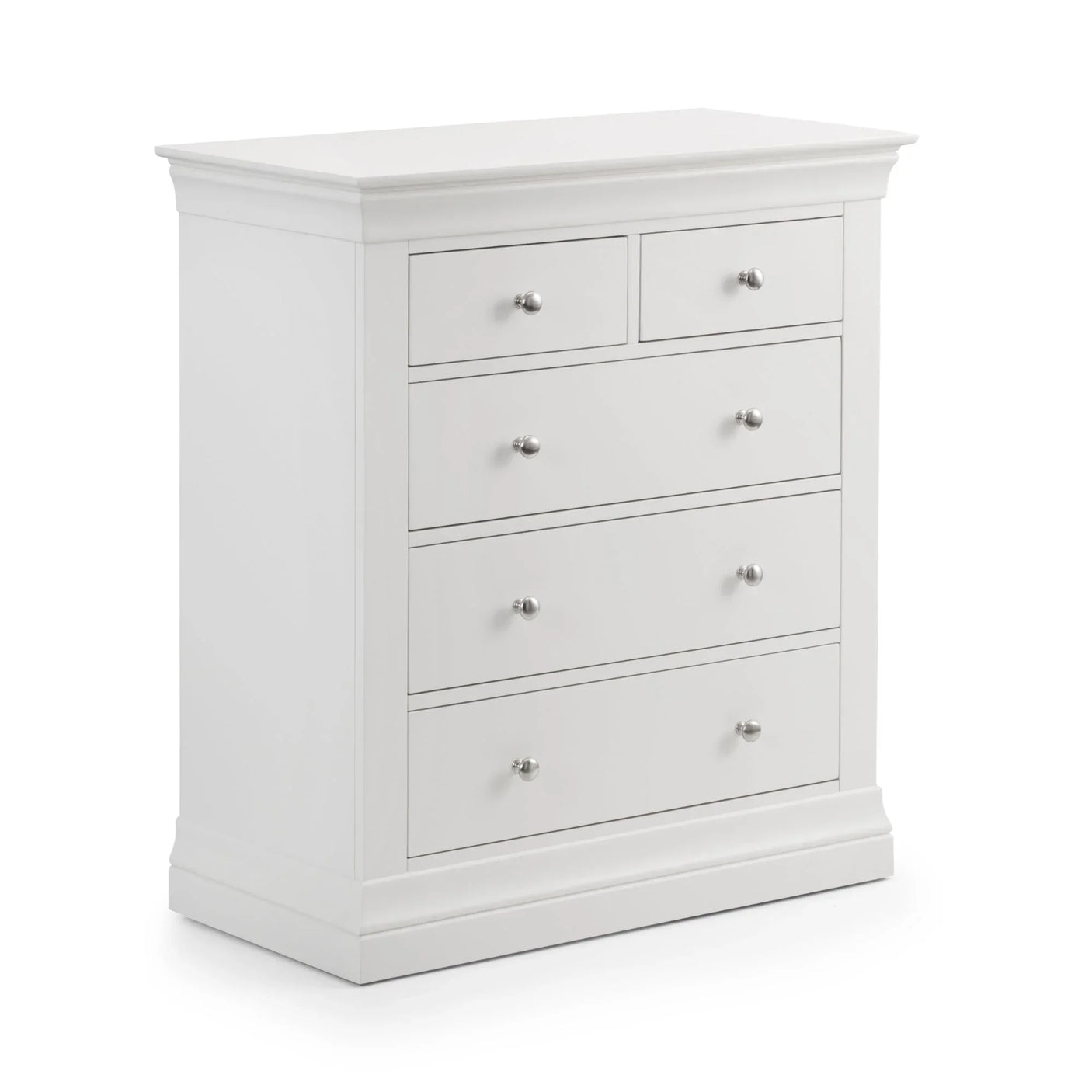 White three over two drawer chest with silver handles, angled front view