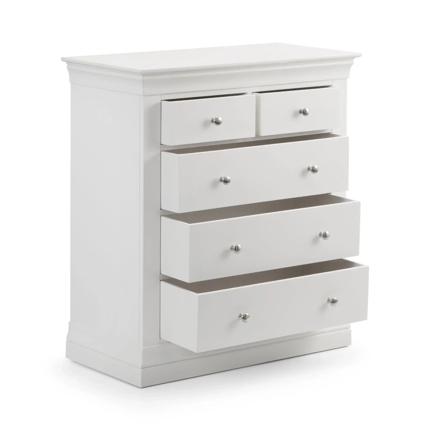 Surf white chest of drawers with three large drawers and two smaller drawers partially open