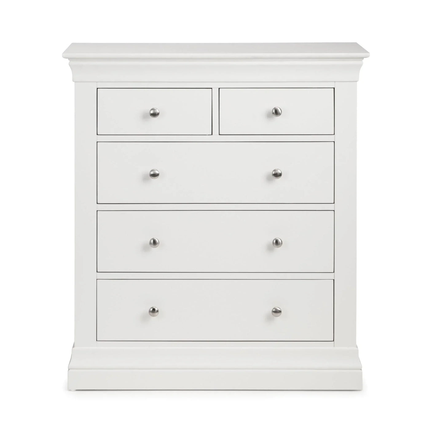 White 3 plus 2 drawer chest with silver handles, flat front, straight on view