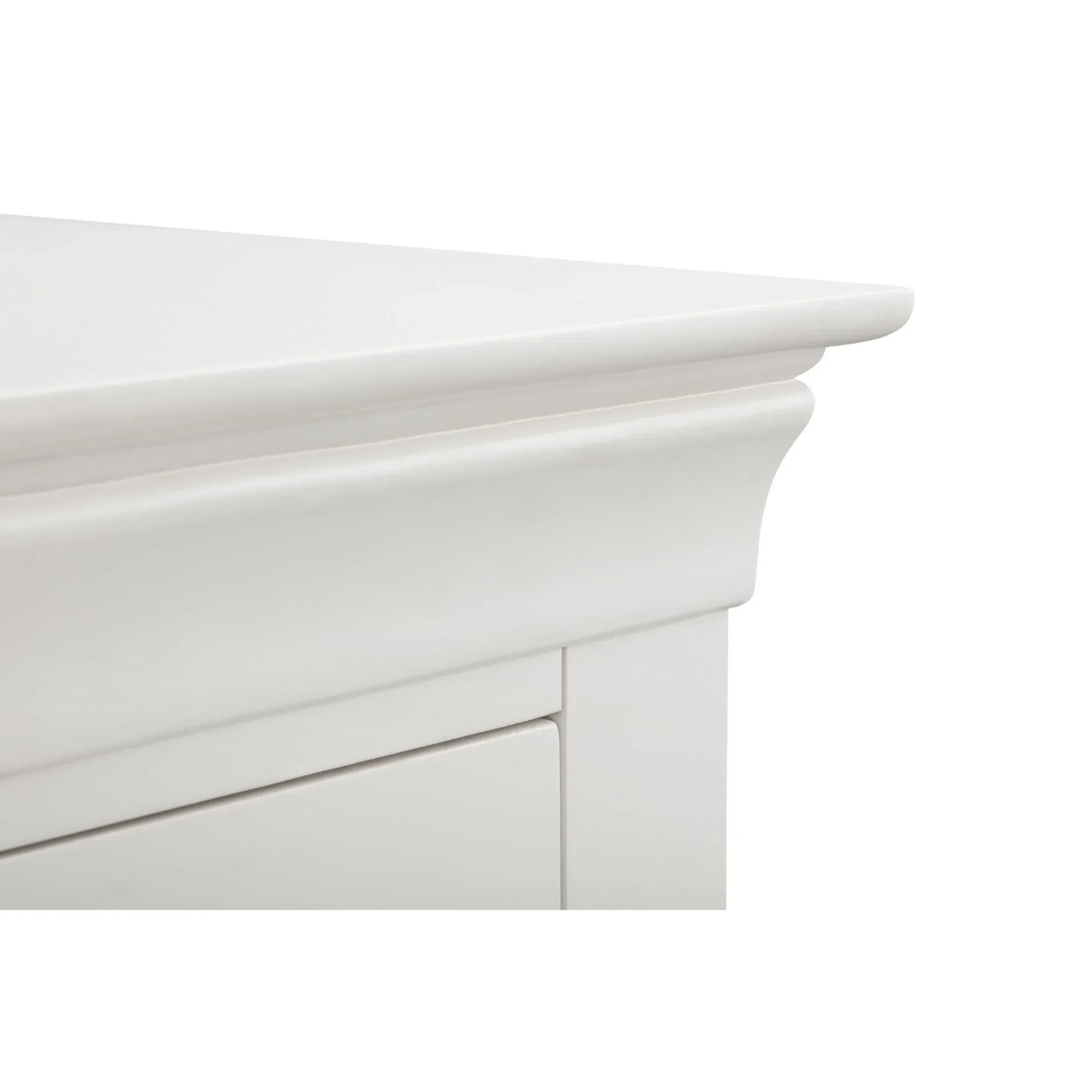 Clermont 3 2 drawer chest surf white finish close-up on corner and drawer detail
