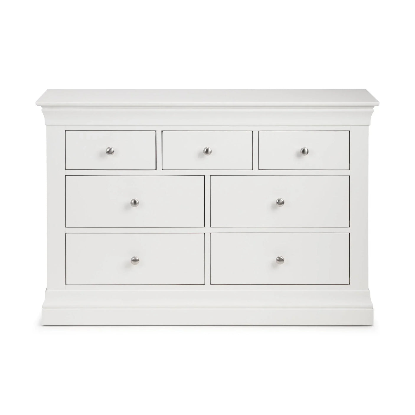 White 7 drawer chest with silver knobs and flat top, shown from the front angle