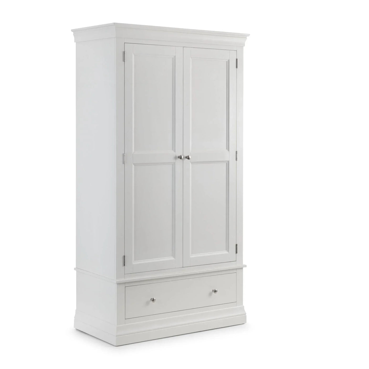 White wooden wardrobe with double doors and single bottom drawer, angled front view