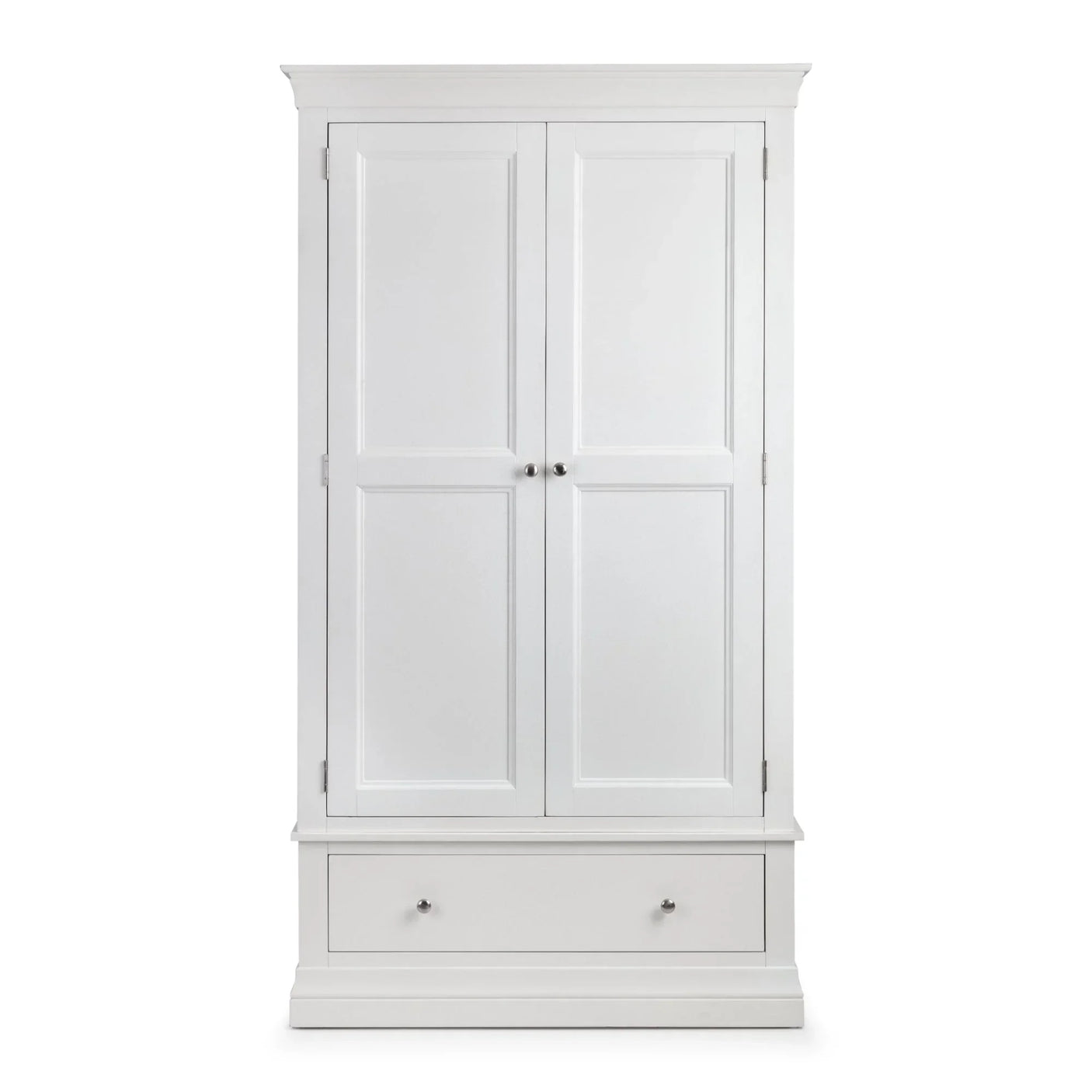 White wooden wardrobe with double doors and lower drawer, front view