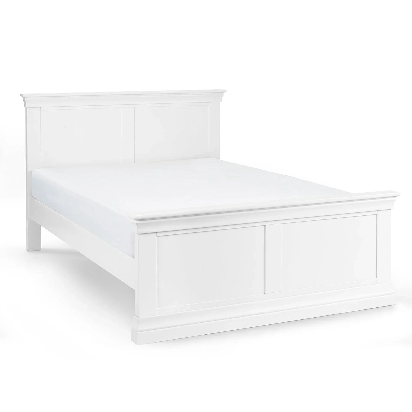 White king size bed frame with paneled headboard and footboard on white background