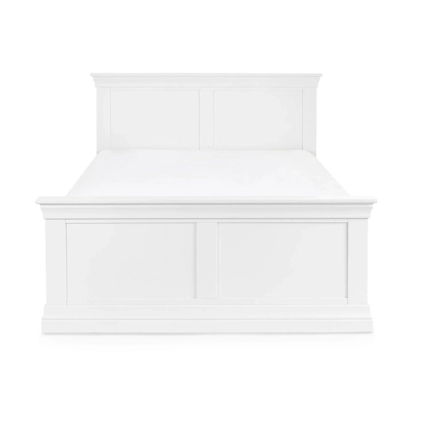White king size bed frame with panelled headboard and footboard, front view