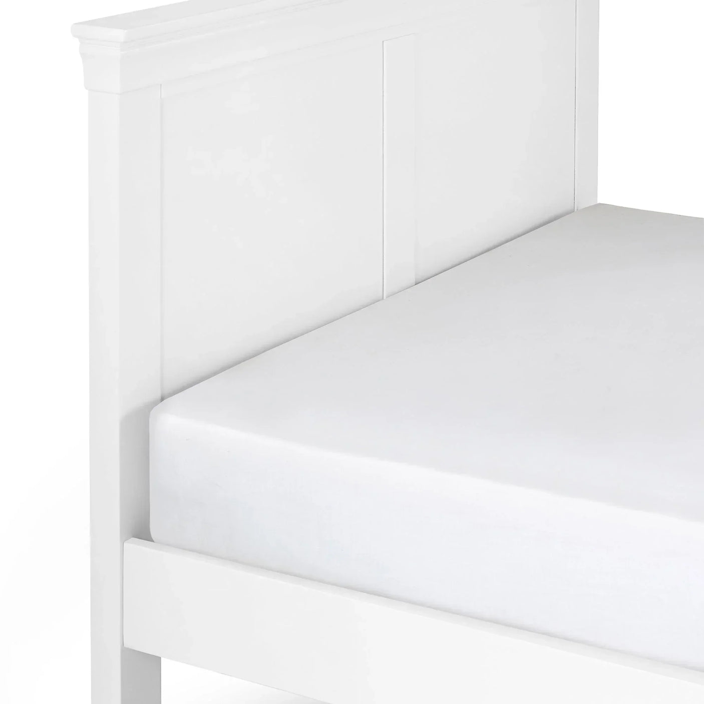 White king size bed frame with panel headboard and mattress corner detail