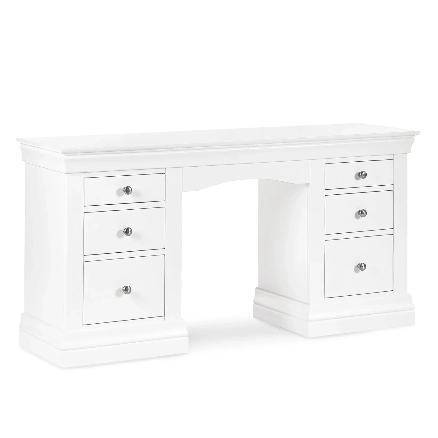 White dressing table with six drawers and brushed metal handles, angled front view