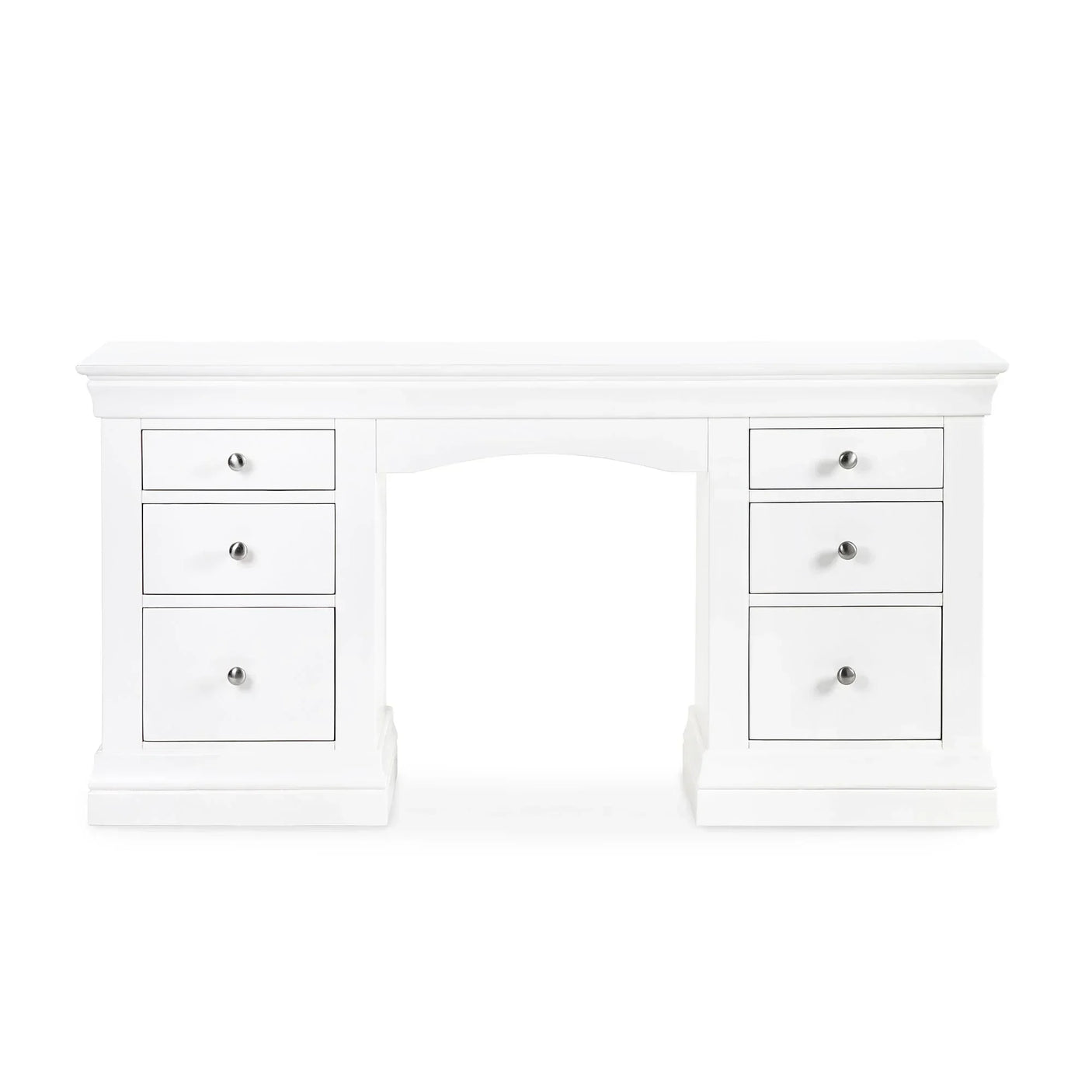 White dressing table with six drawers and metal handles, front facing