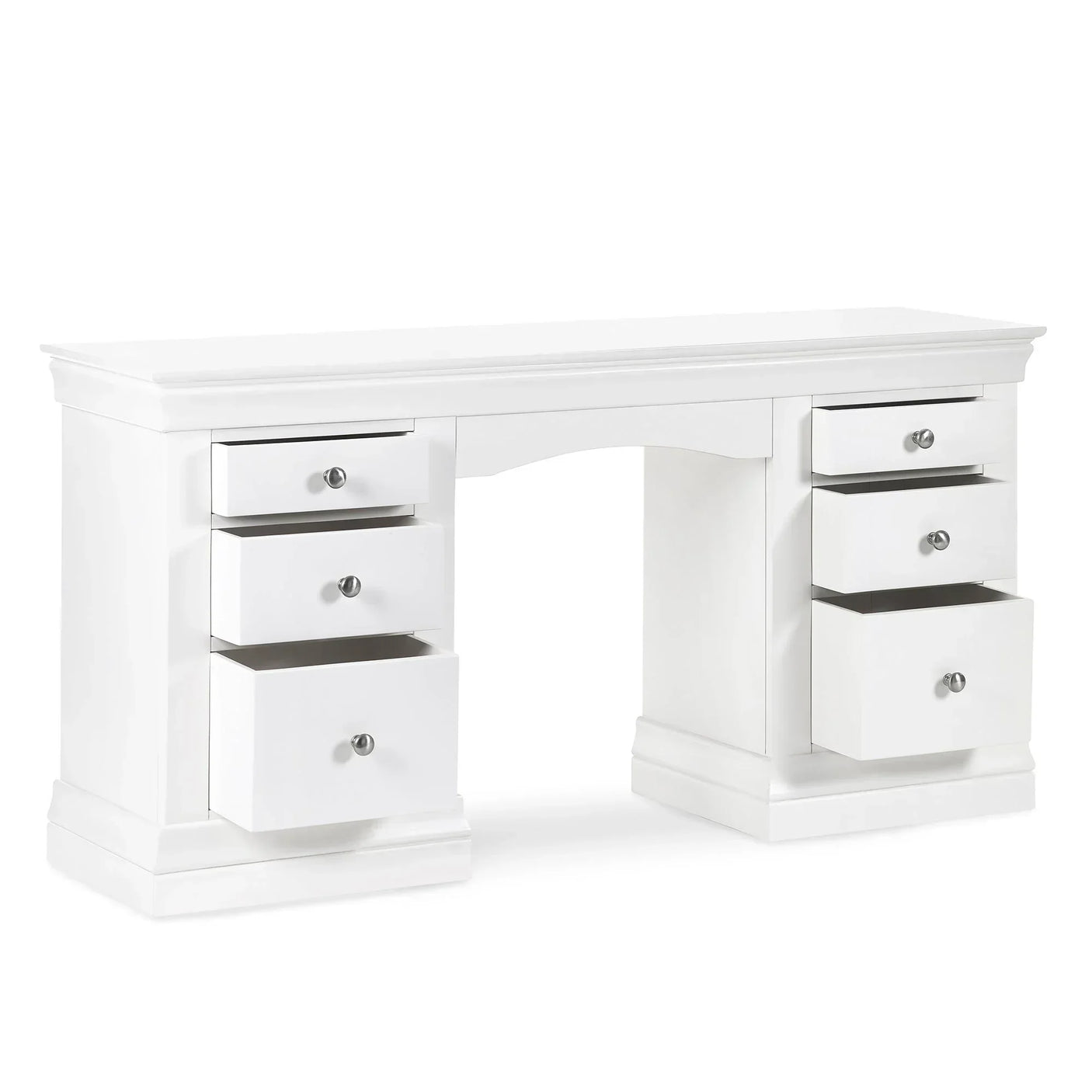 White dressing table with six open drawers and silver handles, cutout side angle