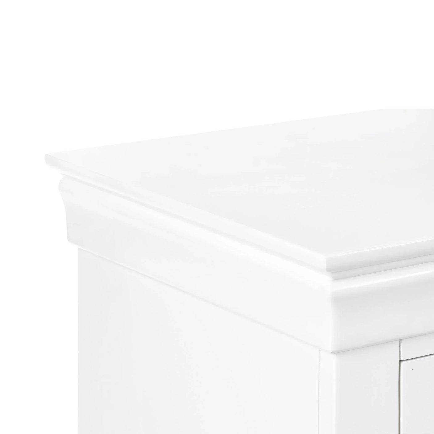 Clermont white dressing table corner with smooth painted finish and beveled tabletop edge