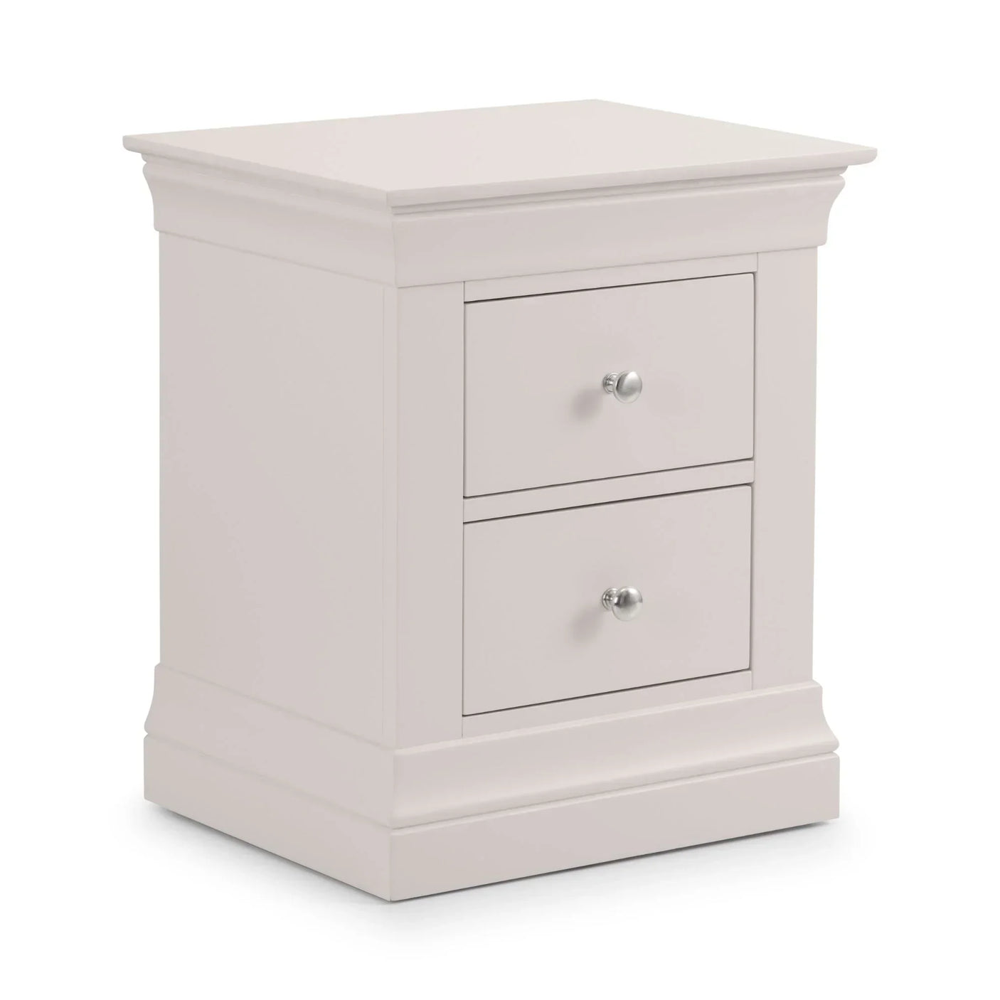 Light grey bedside table with two drawers and chrome knobs, angled front view