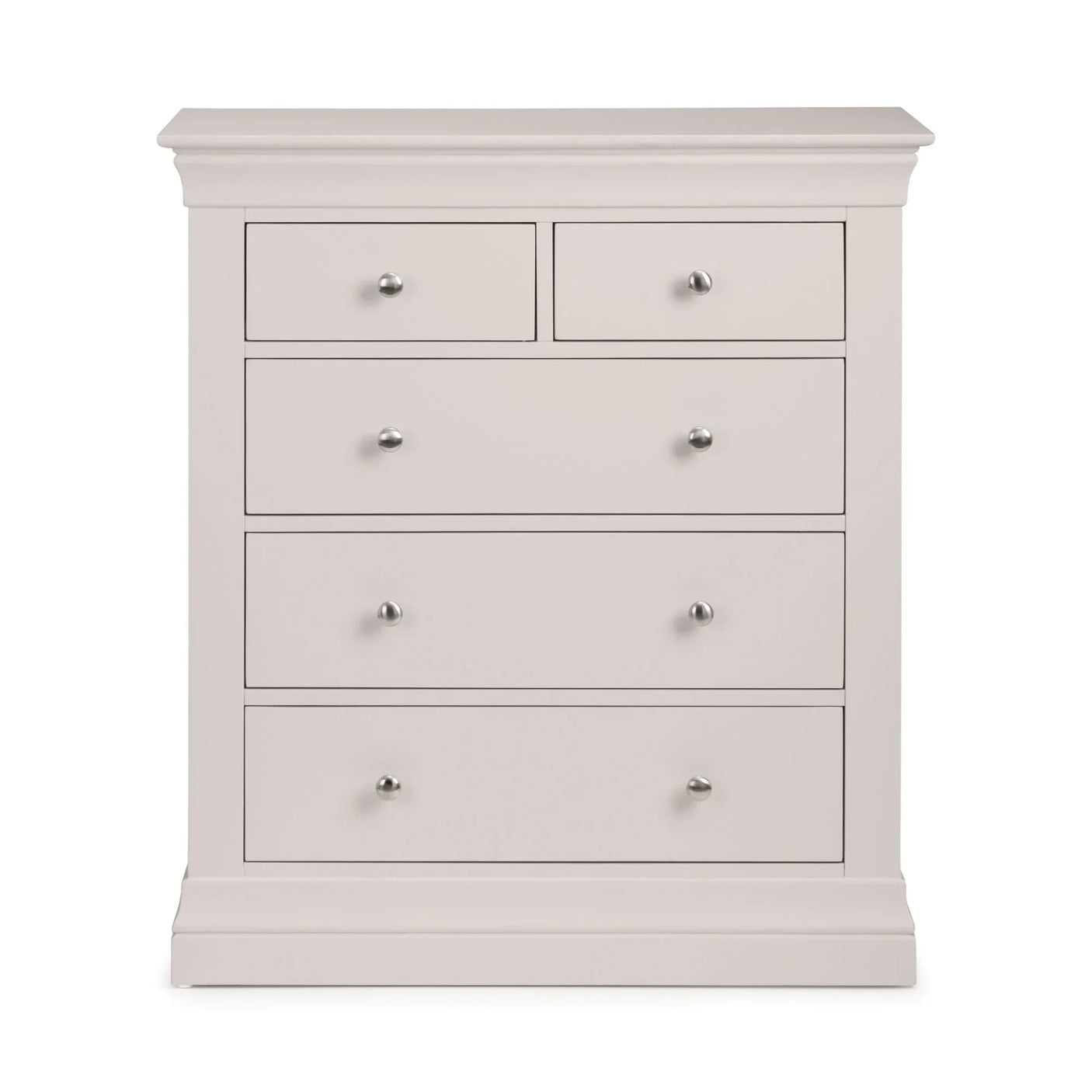 Light grey 3 over 2 drawer chest with chrome knobs and classic plinth base, front view