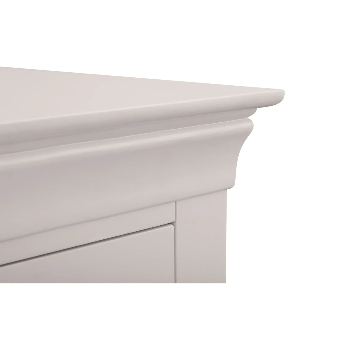 Light grey chest of drawers corner detail showing smooth finish and moulded edge