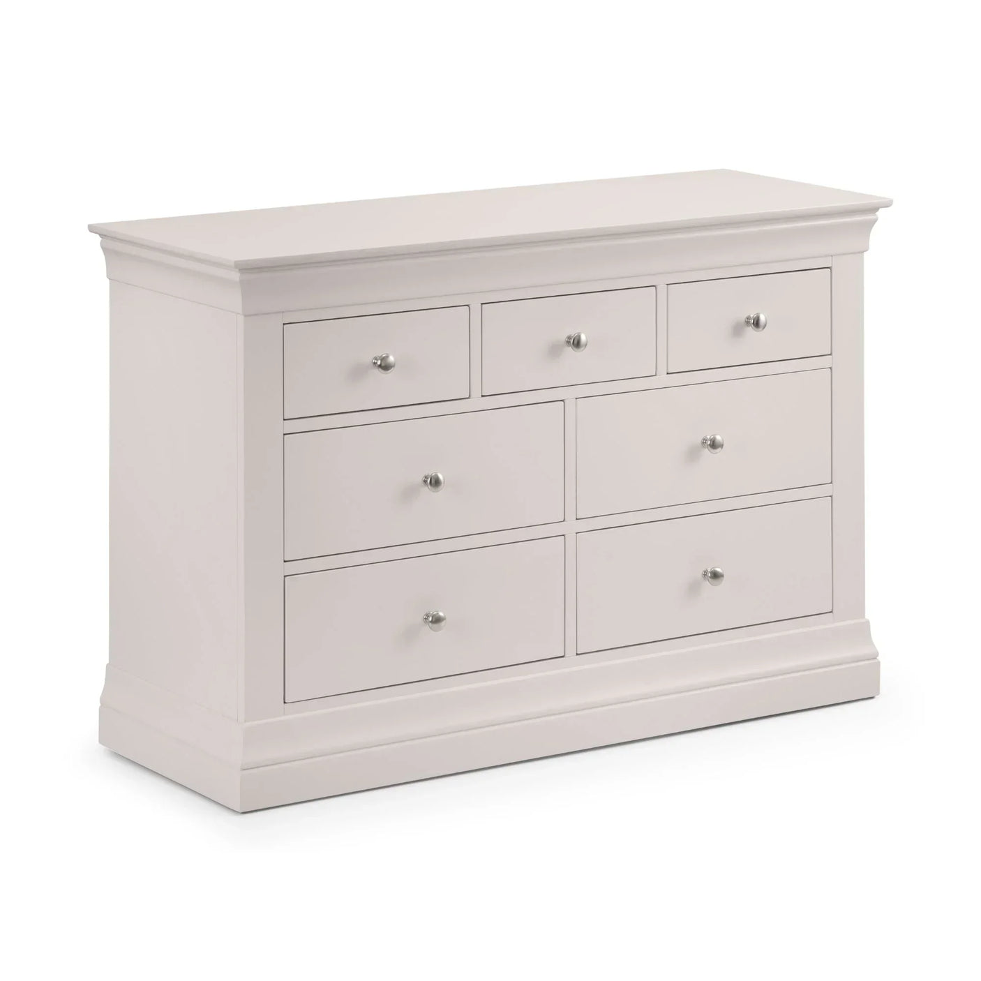 Light grey 4+3 drawer chest with silver handles and smooth finish, angled front view