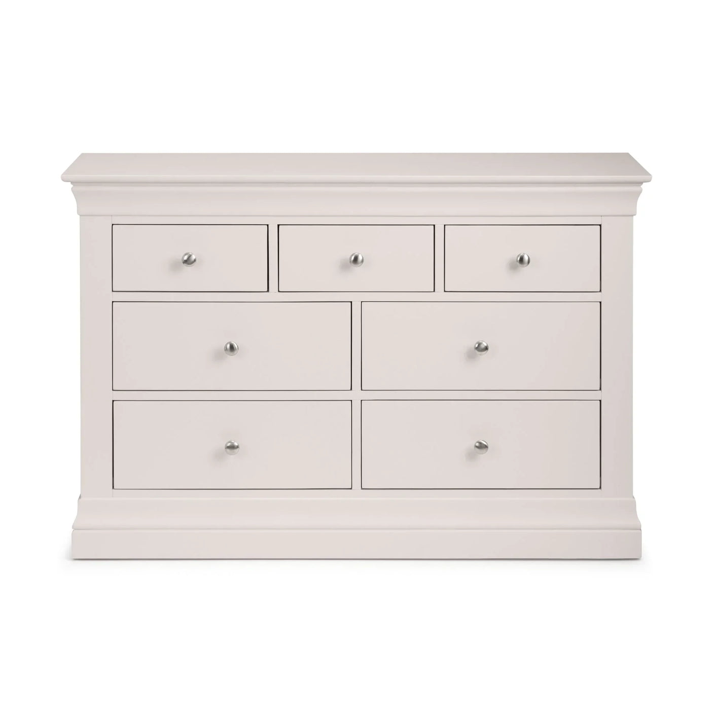 Light grey 4 over 3 drawer chest with metal knobs and flat top