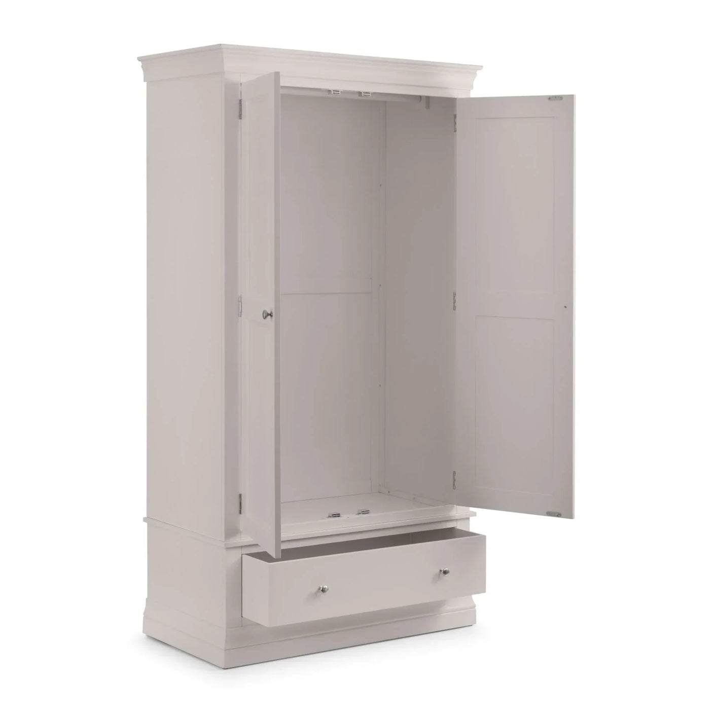 Light grey wardrobe with double doors open and lower storage drawer pulled out