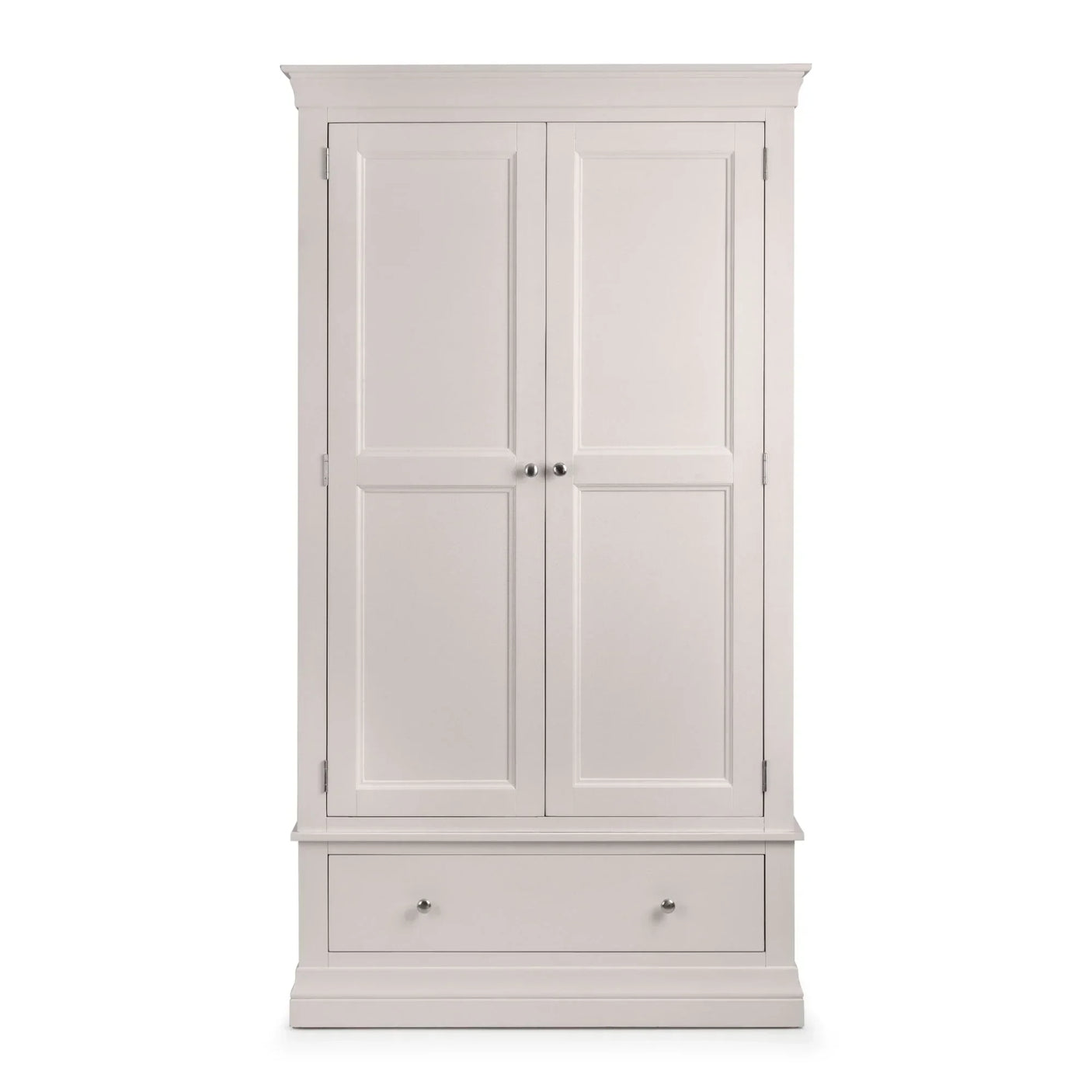 Light grey wooden wardrobe with two panel doors and a lower storage drawer, front view