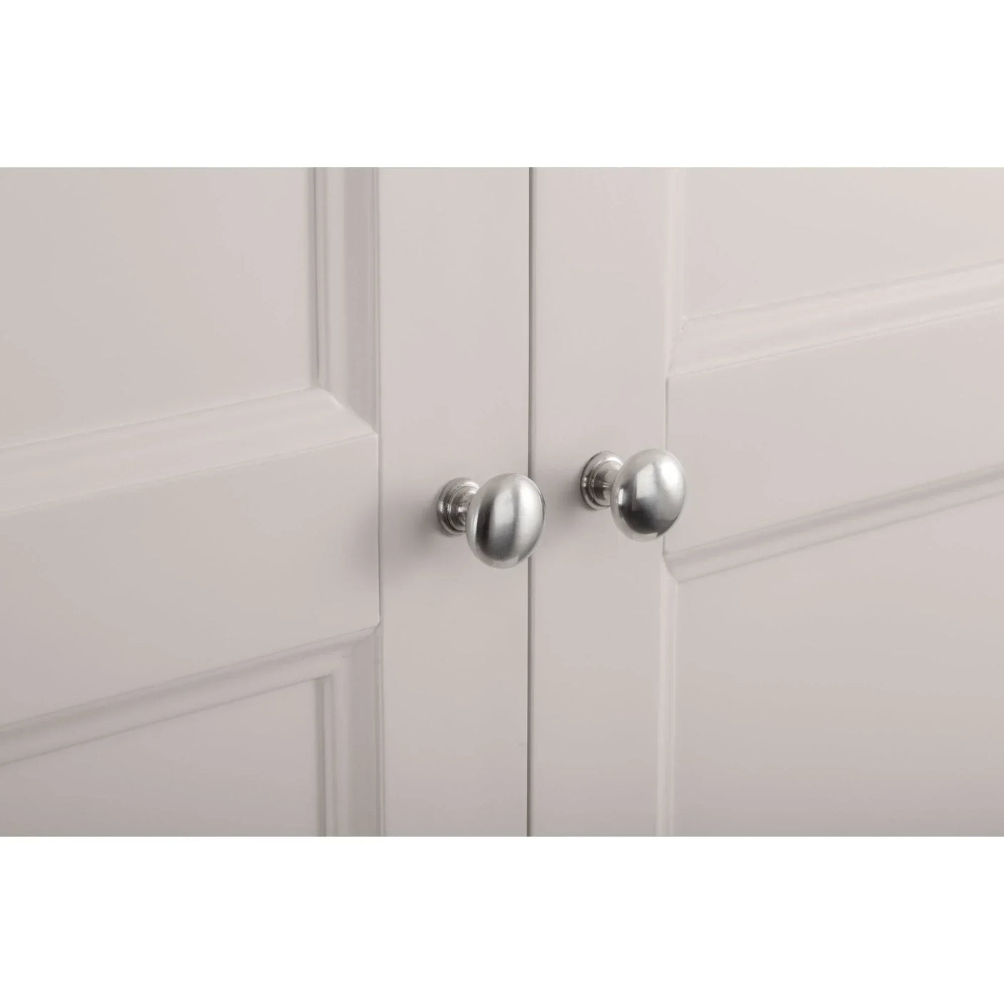 Clermont wardrobe light grey panel doors with chrome handles close detail