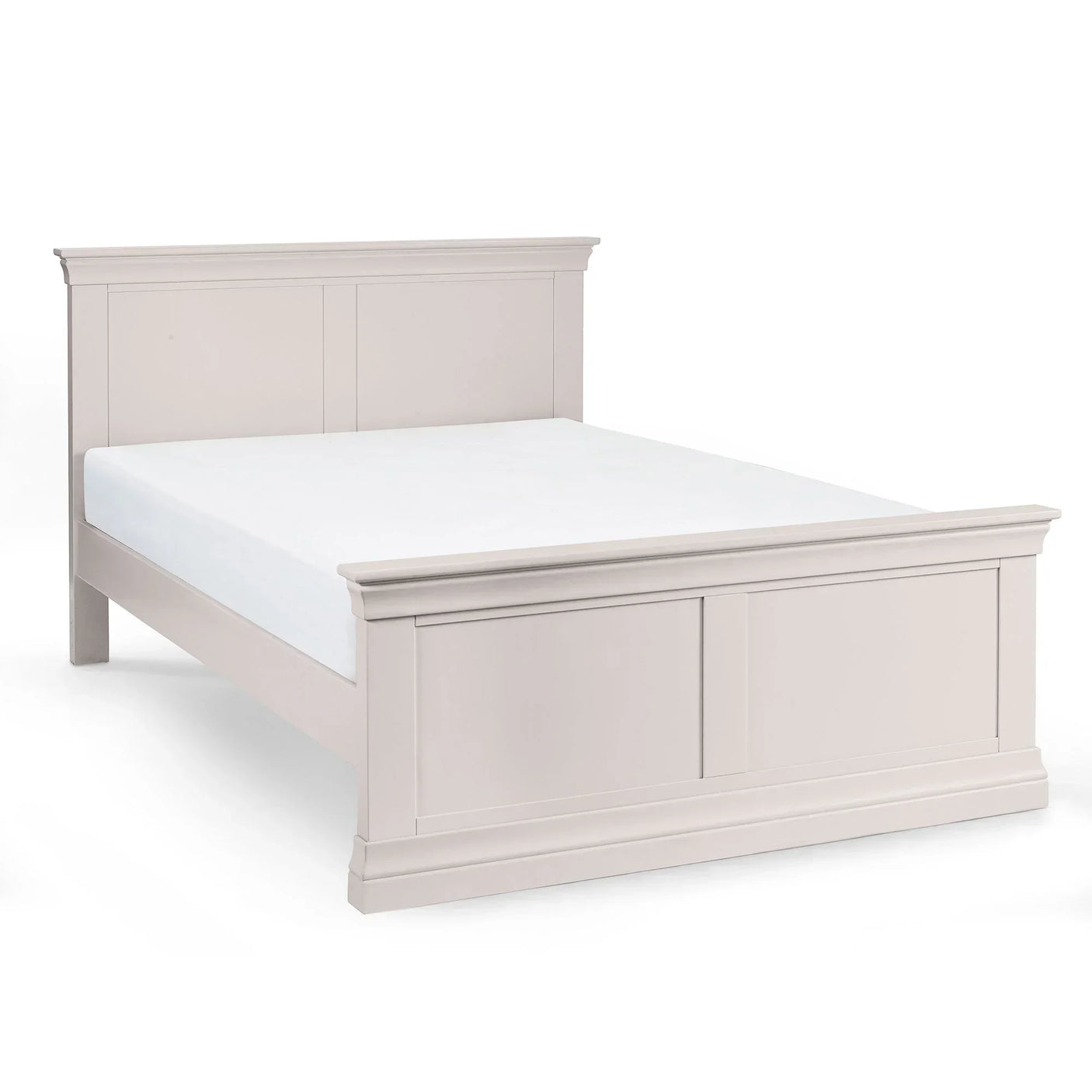 King size grey wooden bed frame with panel headboard and footboard on white background
