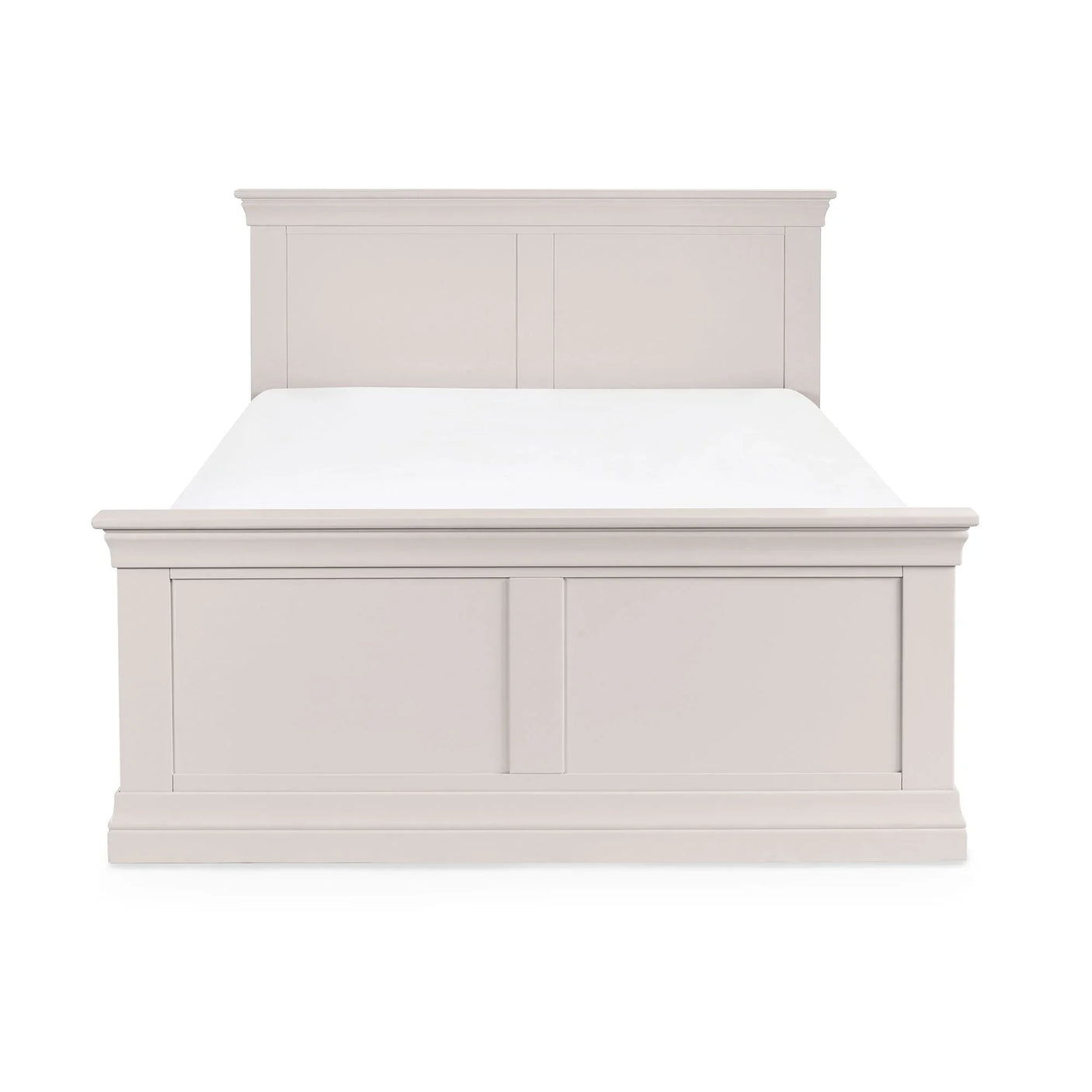 Grey king size bed frame with panel headboard and footboard, front view