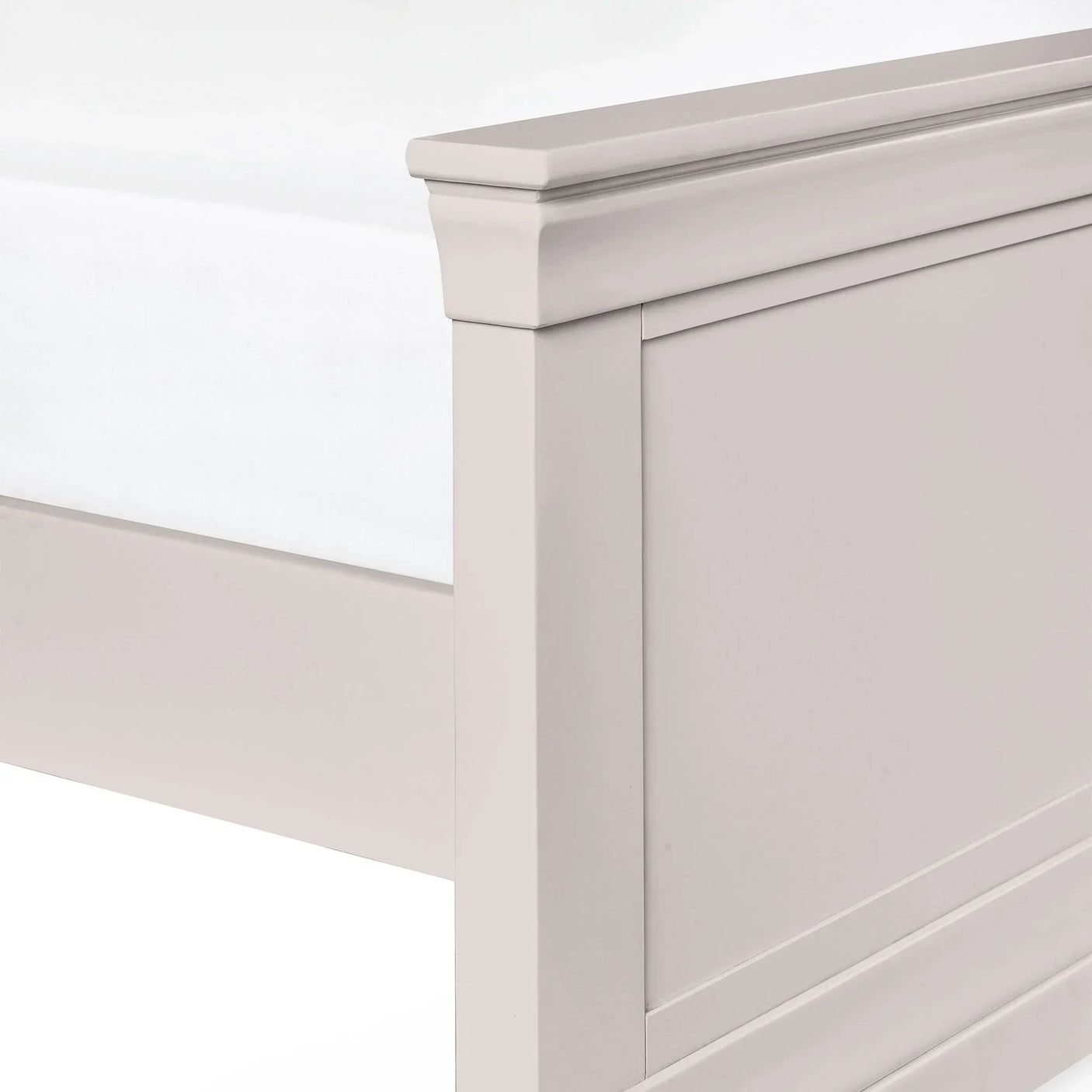 Detail view of grey king size bed frame footboard with panel design