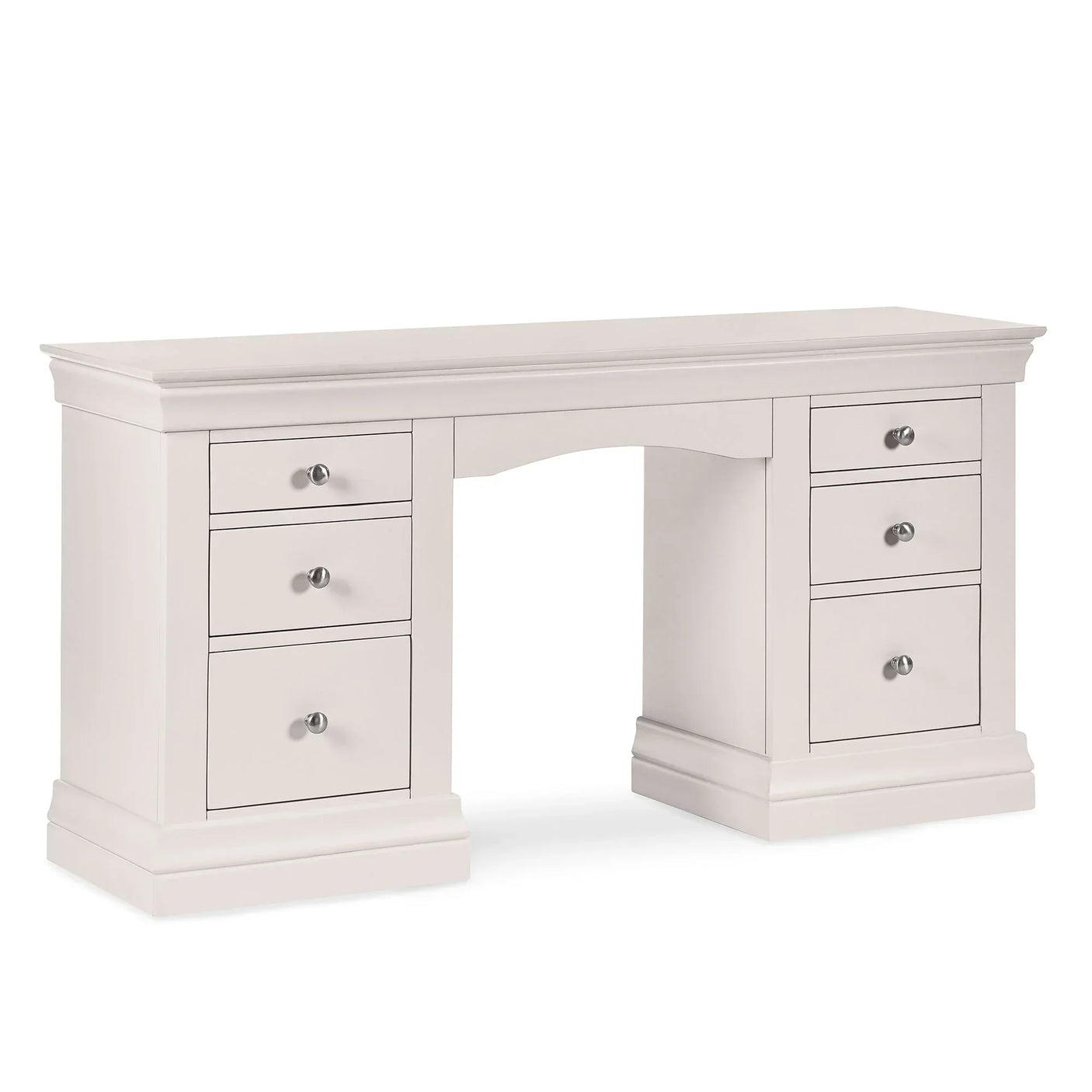 Grey dressing table with six drawers and silver handles on white background