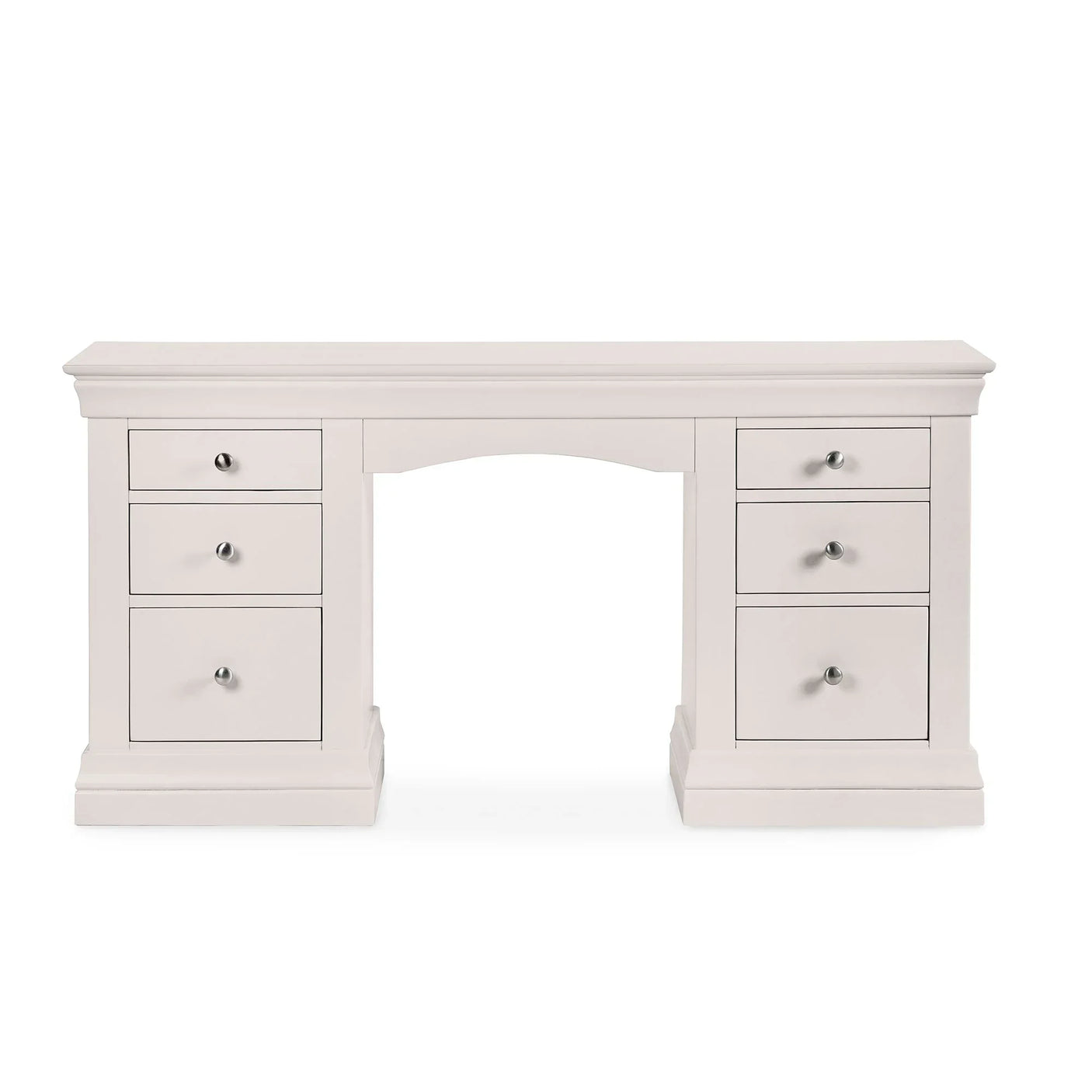 Grey dressing table with six drawers and silver handles, shown from the front on white background