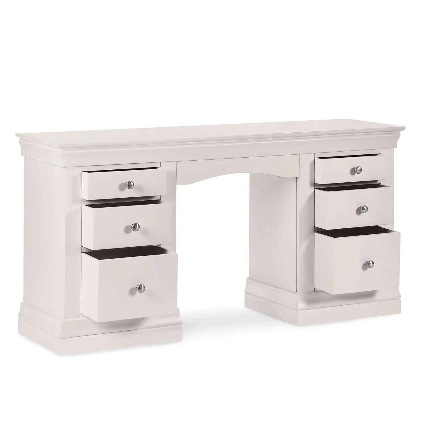 Grey dressing table with six drawers, spacious tabletop, and classic panel design
