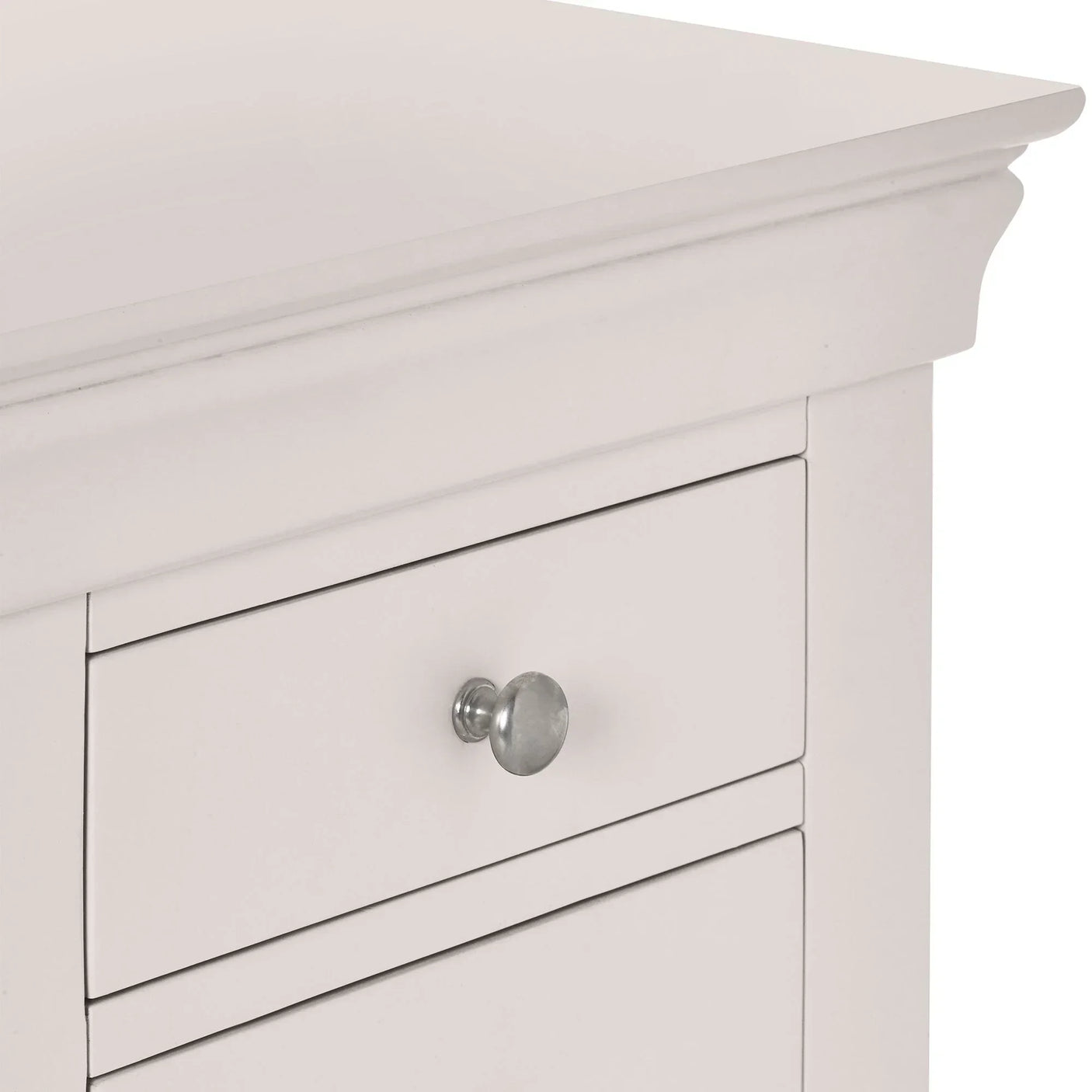 Grey dressing table close-up showing drawer with round metal handle and smooth painted finish
