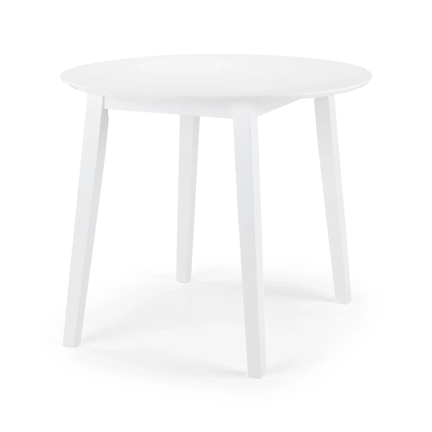 White round dining table with four legs, dropleaf design, isolated on white background