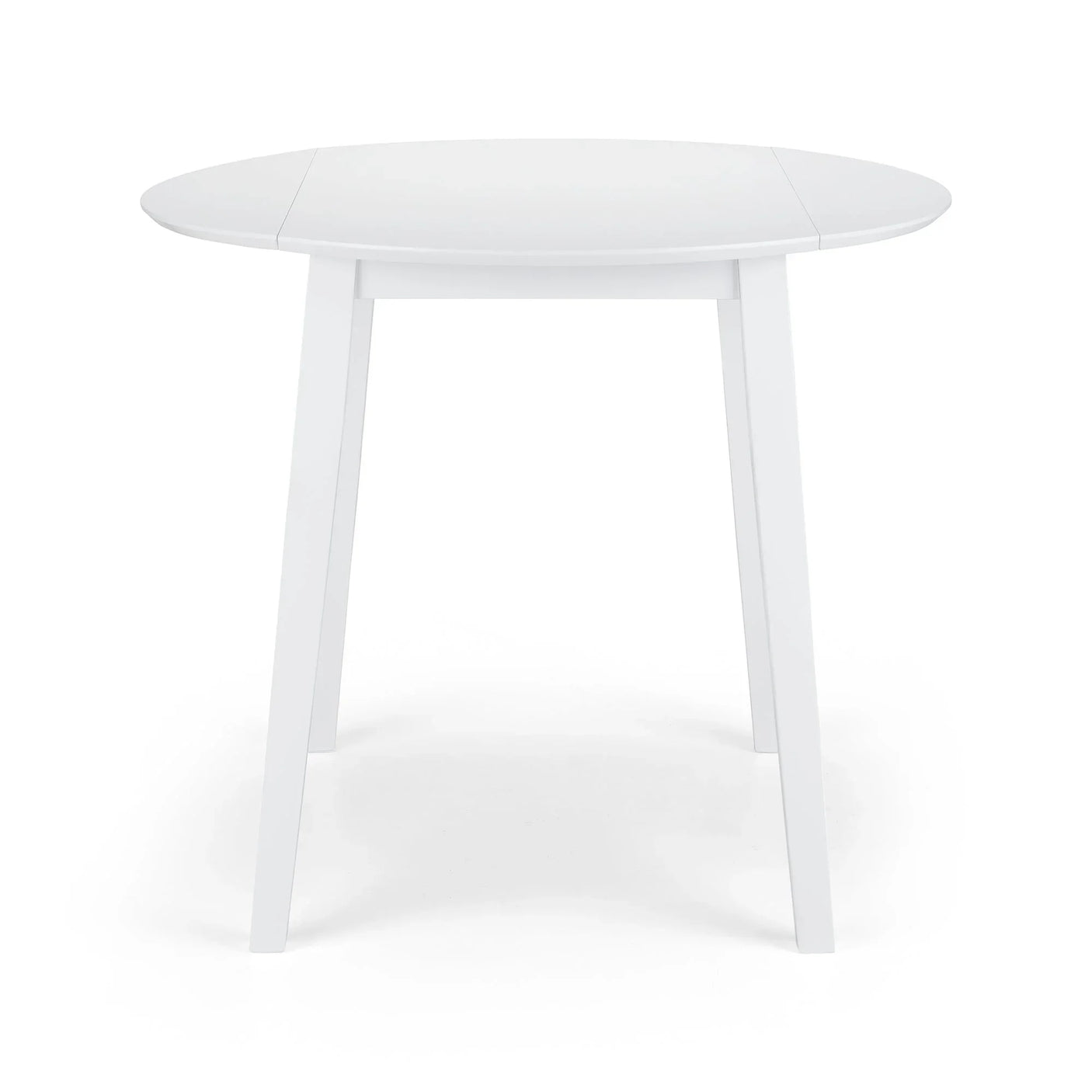 White dropleaf dining table with round top and four straight legs on white background