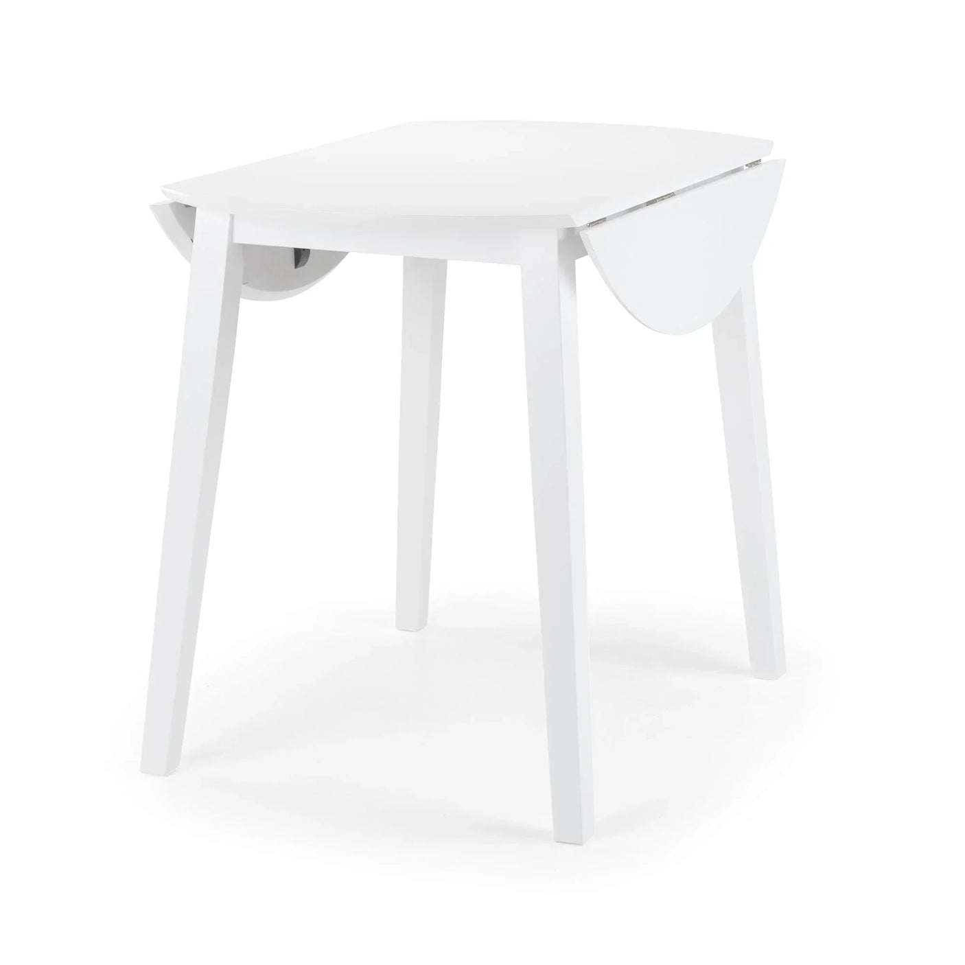 White wooden dropleaf dining table with foldable sides and four straight legs