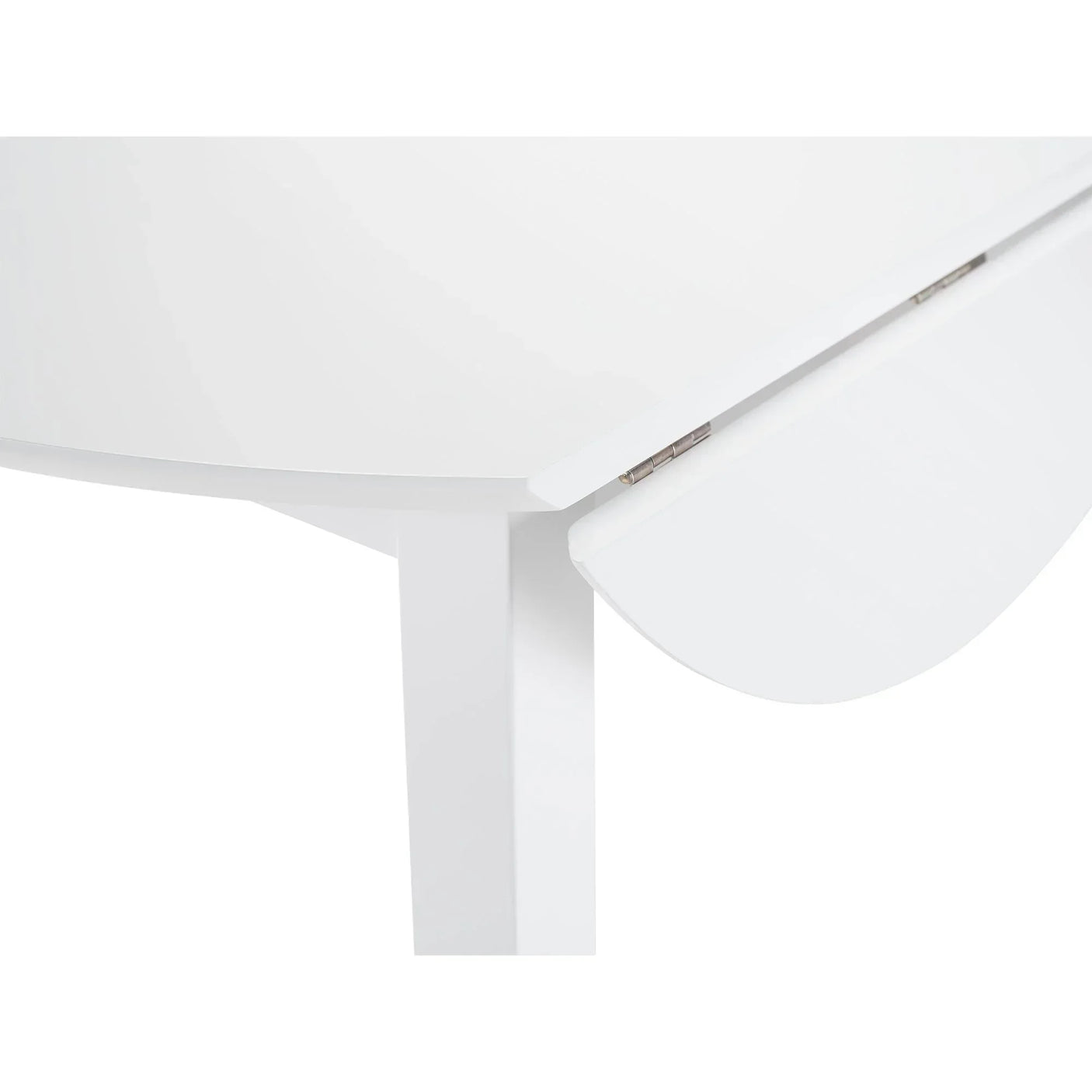 Closeup of white dropleaf dining table hinge and leg detail