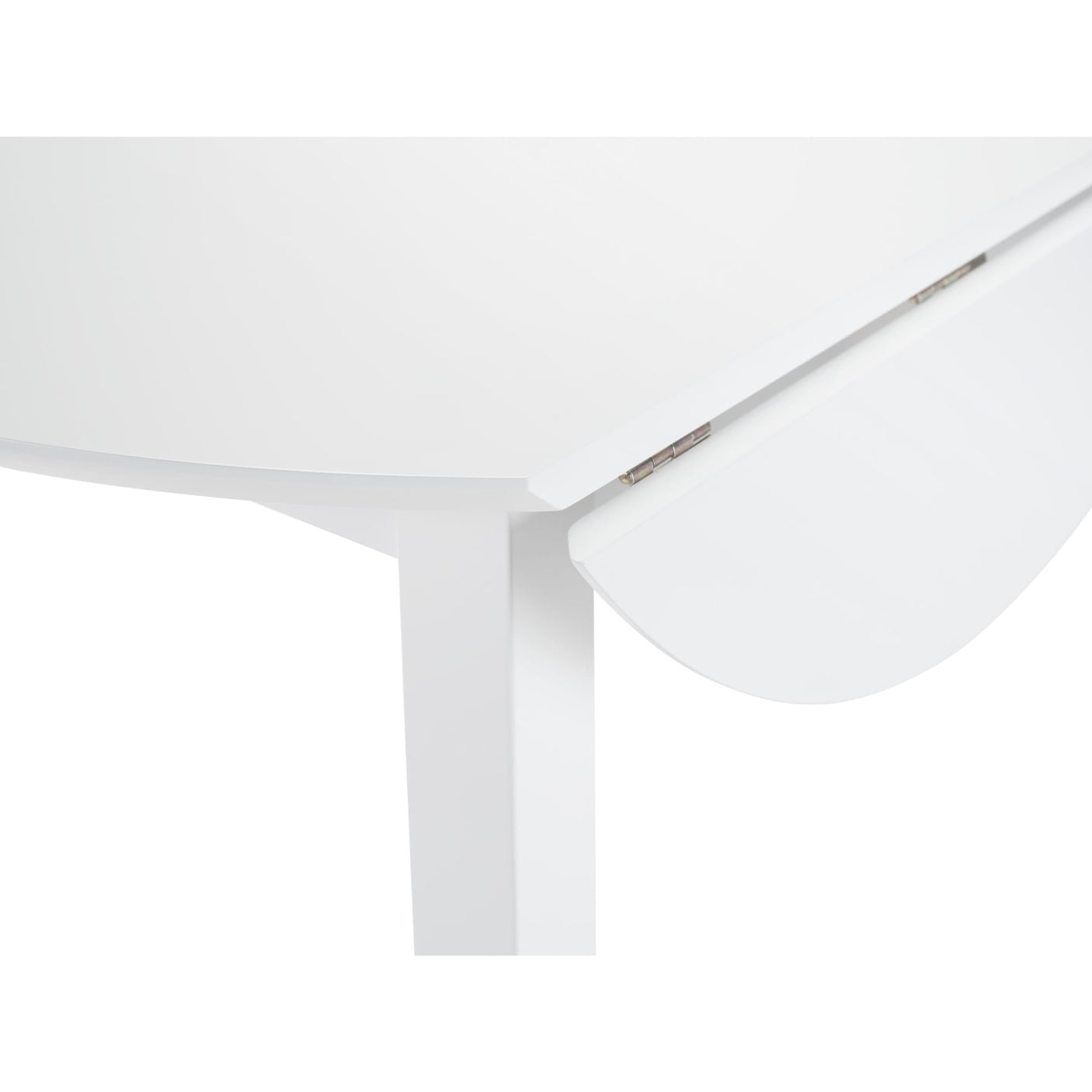 Close-up of white table drop leaf mechanism showing metal hinges and edge detail on white background.