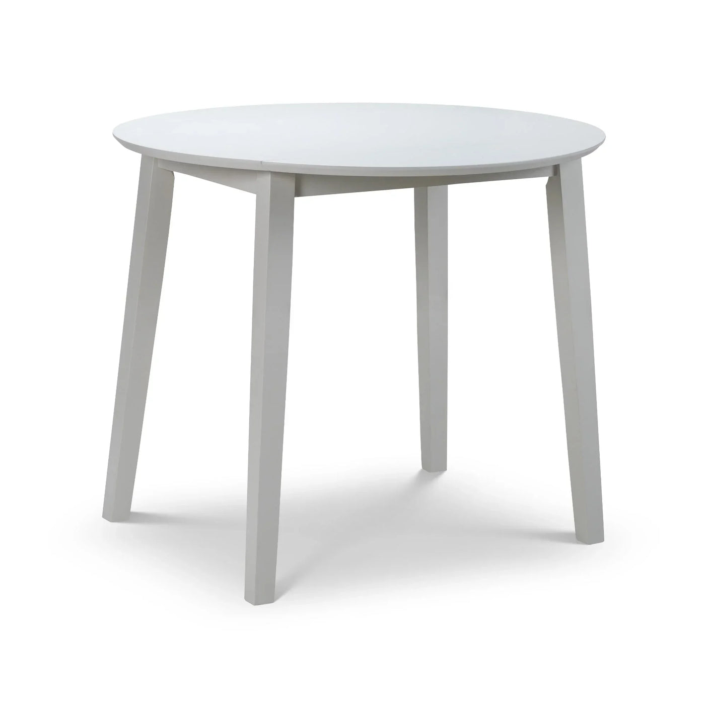Coast grey dropleaf dining table with round top and four angled legs on white background