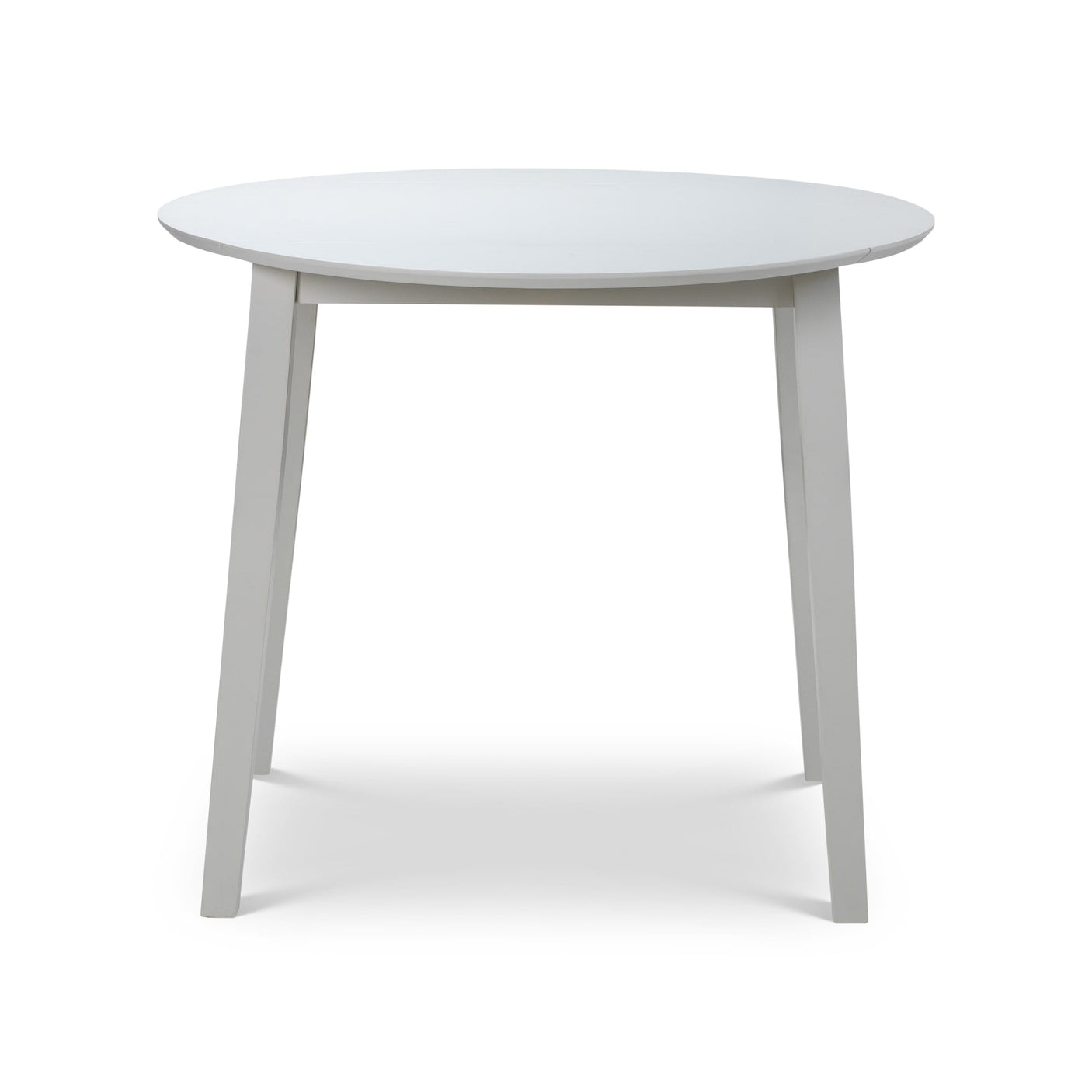 Round white wooden table with angled legs on white background